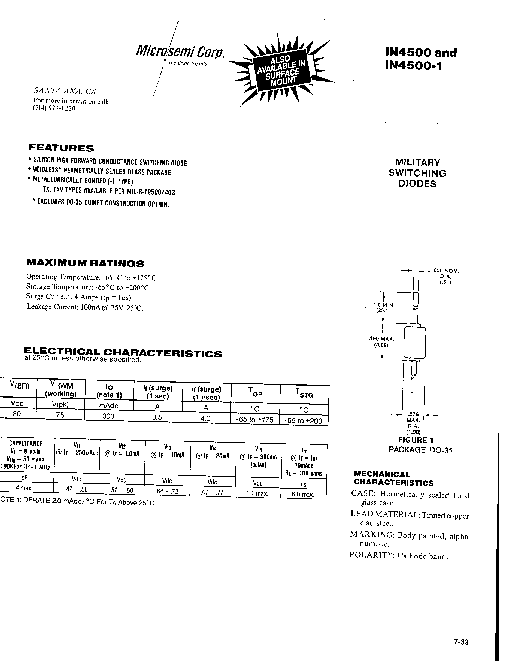 Datasheet 1N4500 - MILITARY SWITCHING DIODES page 1