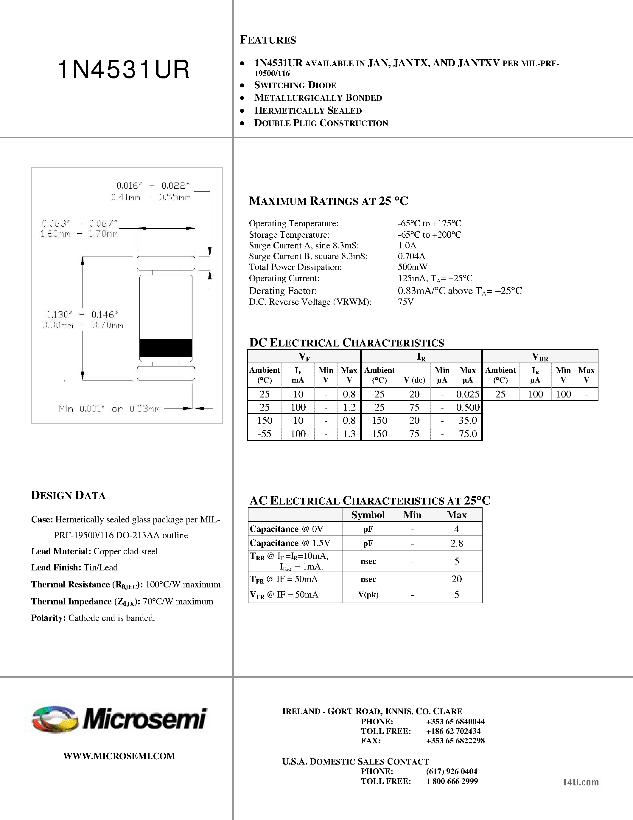 Datasheet 1N4531UR - PERFORMANCE SPECIFICATION page 1