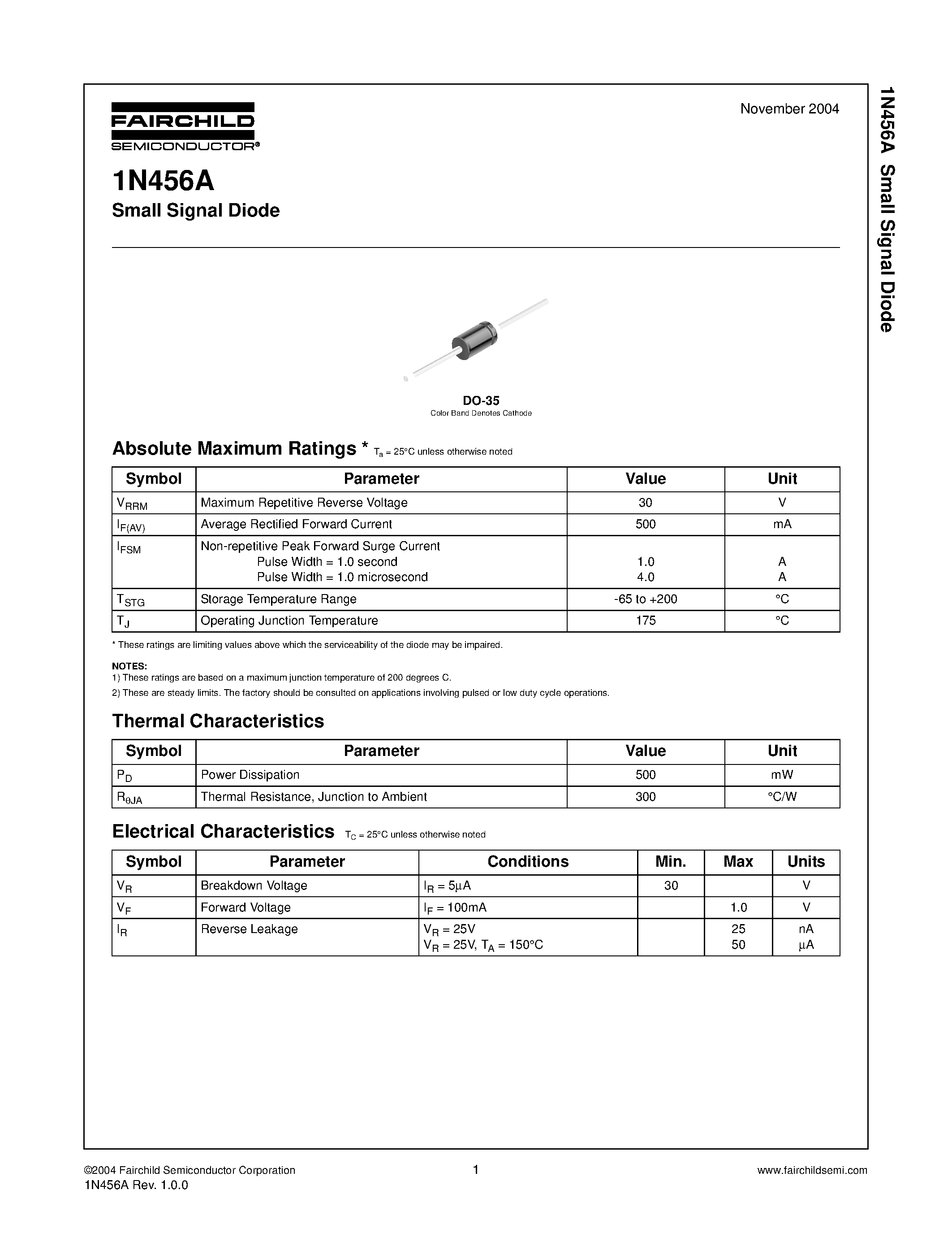 Datasheet 1N456A - Small Signal Diode page 1