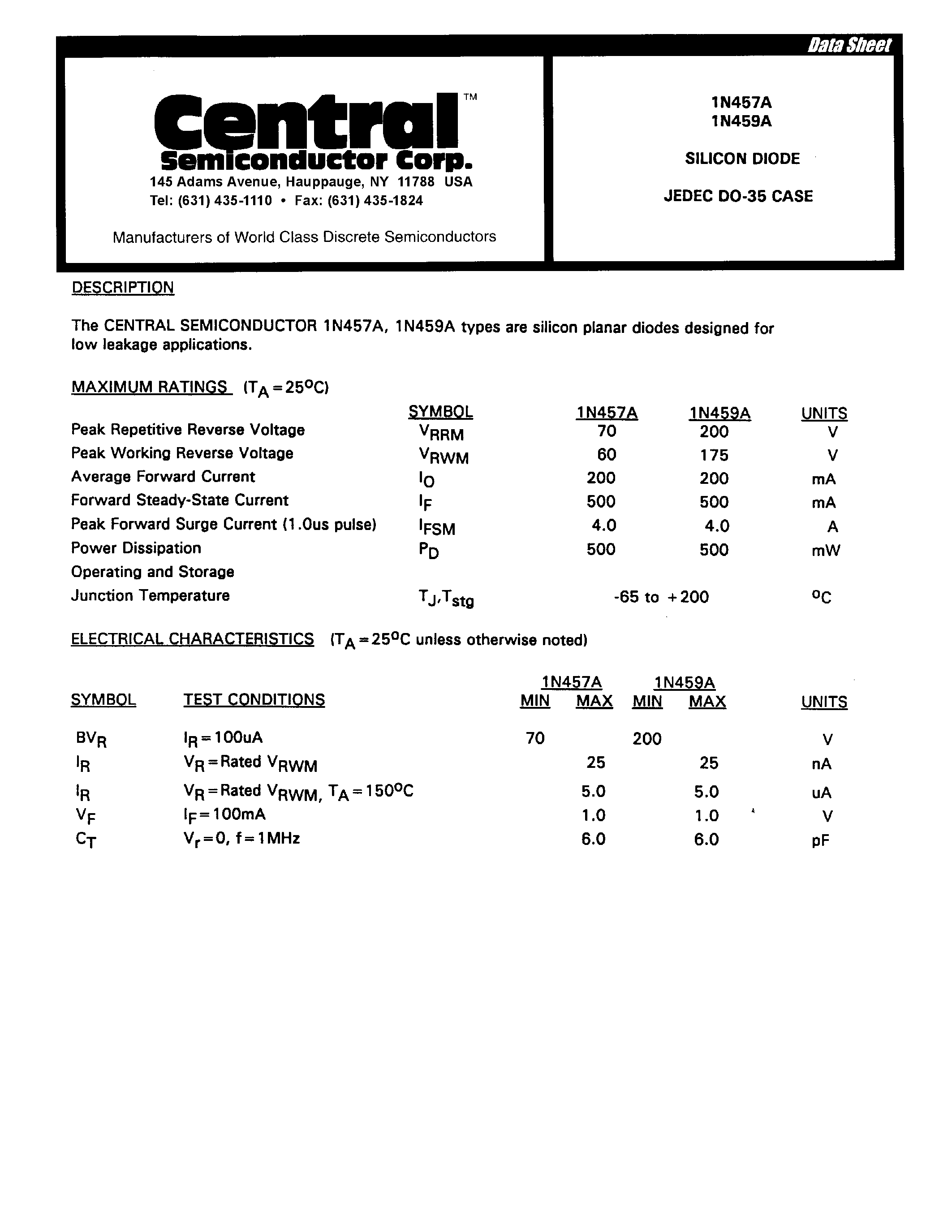 Datasheet 1N457a - SILICON DIODE page 1