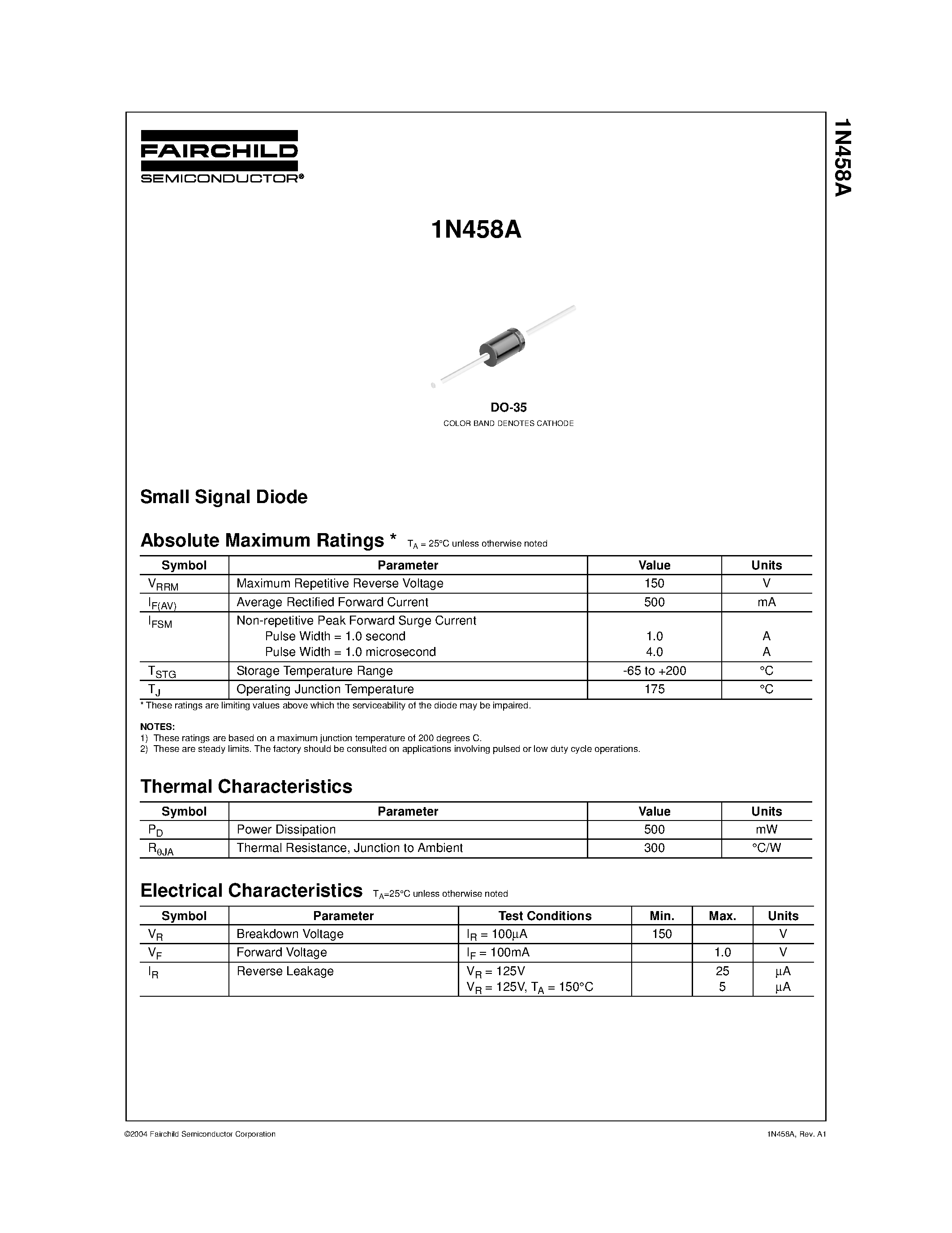 Datasheet 1N458A - Small Signal Diode page 1