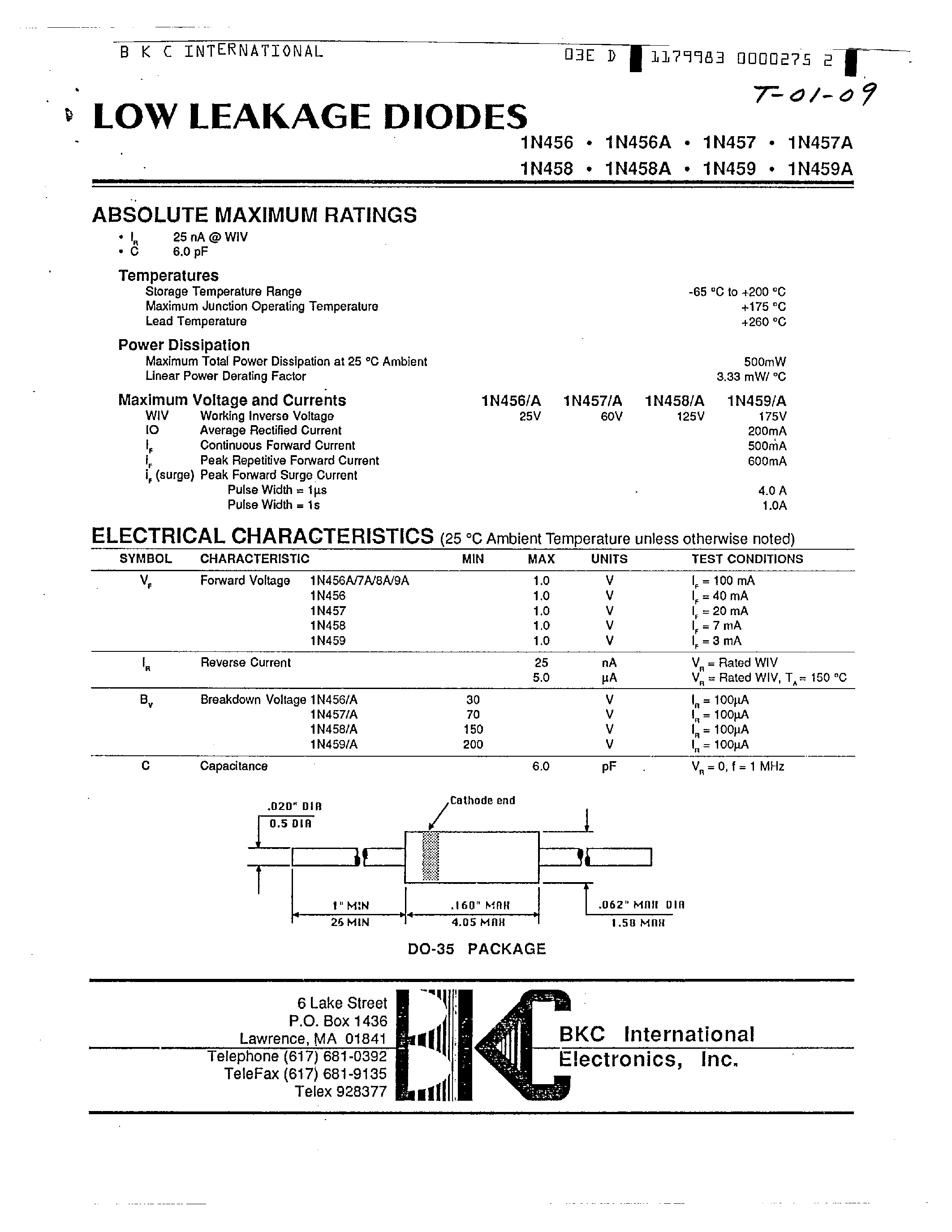 Datasheet 1N459/A - LOW LEAKAGE DIODES page 1