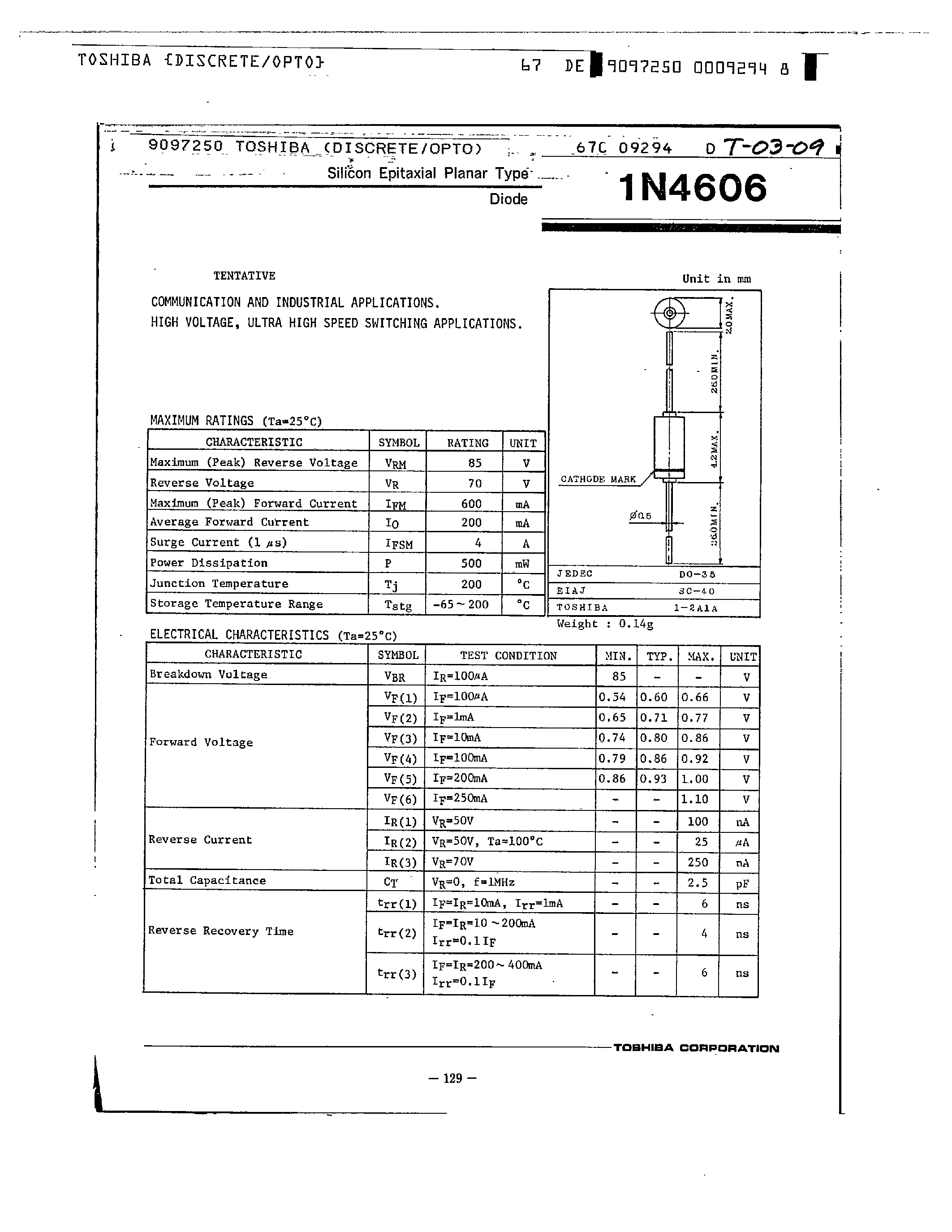 Datasheet 1N4606 - SILICON EPITAXIAL PLANAR TYPE DIODE page 1