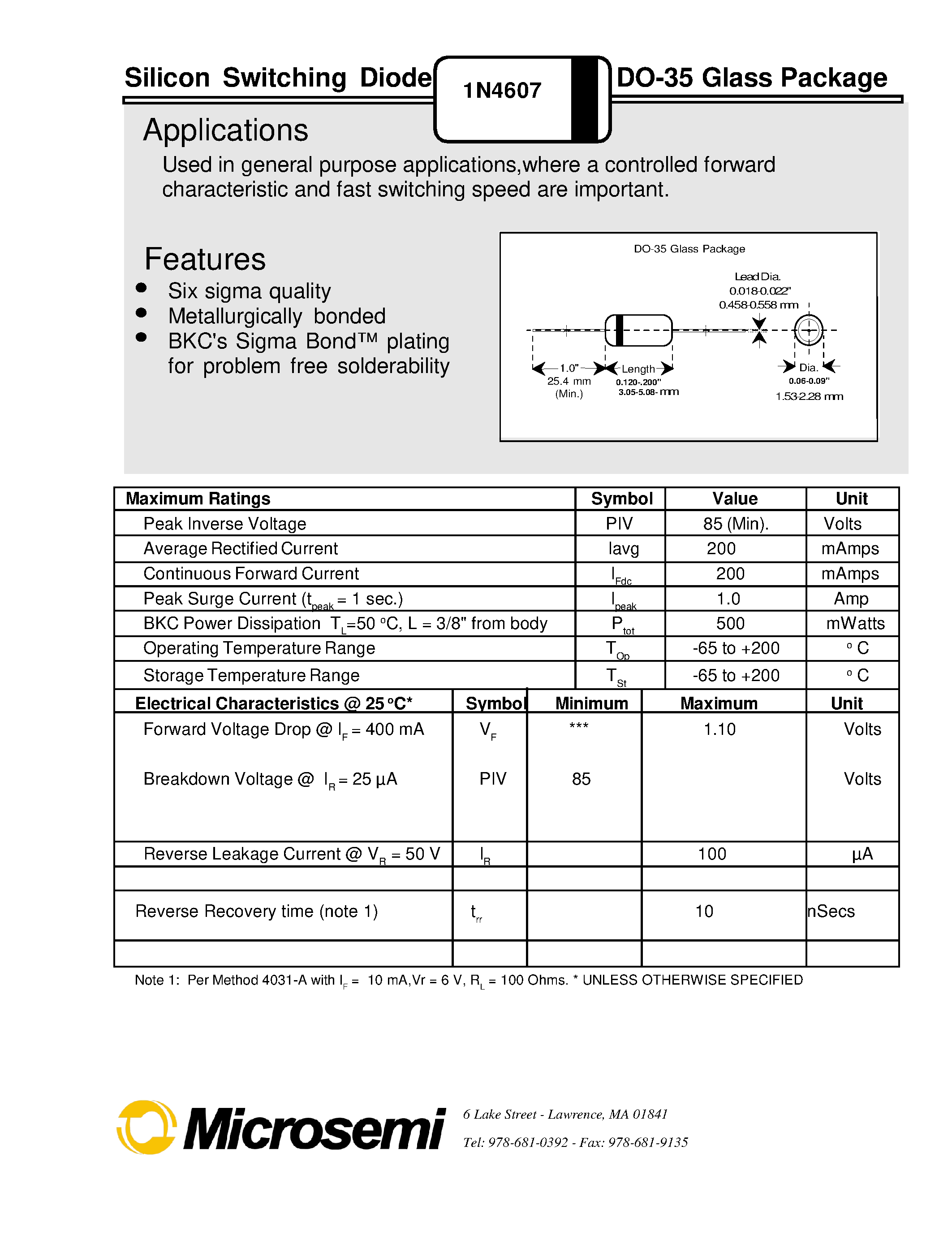 Datasheet 1N4607 - Silicon Switching Diode DO-35 Glass Package page 1