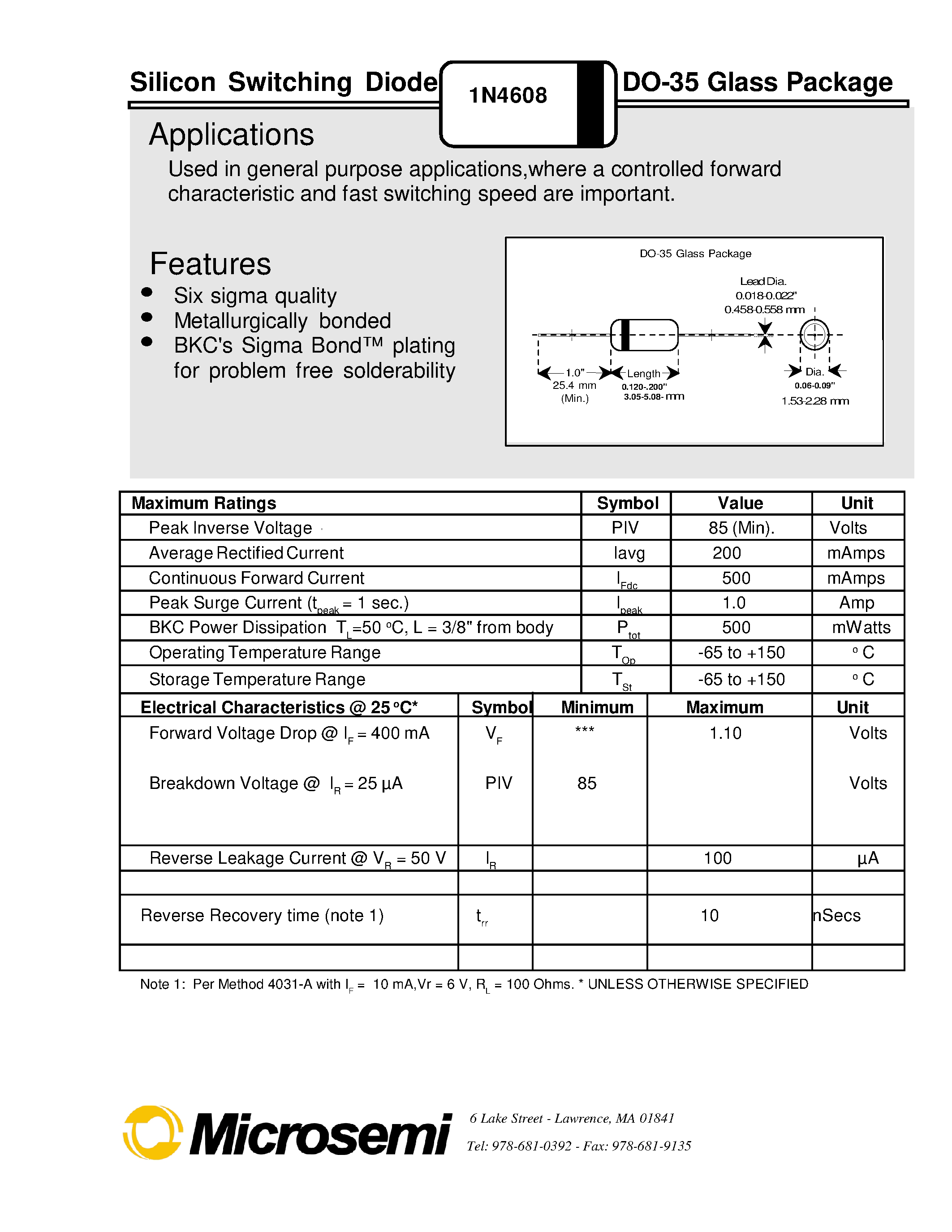 Datasheet 1N4607 - Silicon Switching Diode DO-35 Glass Package page 2