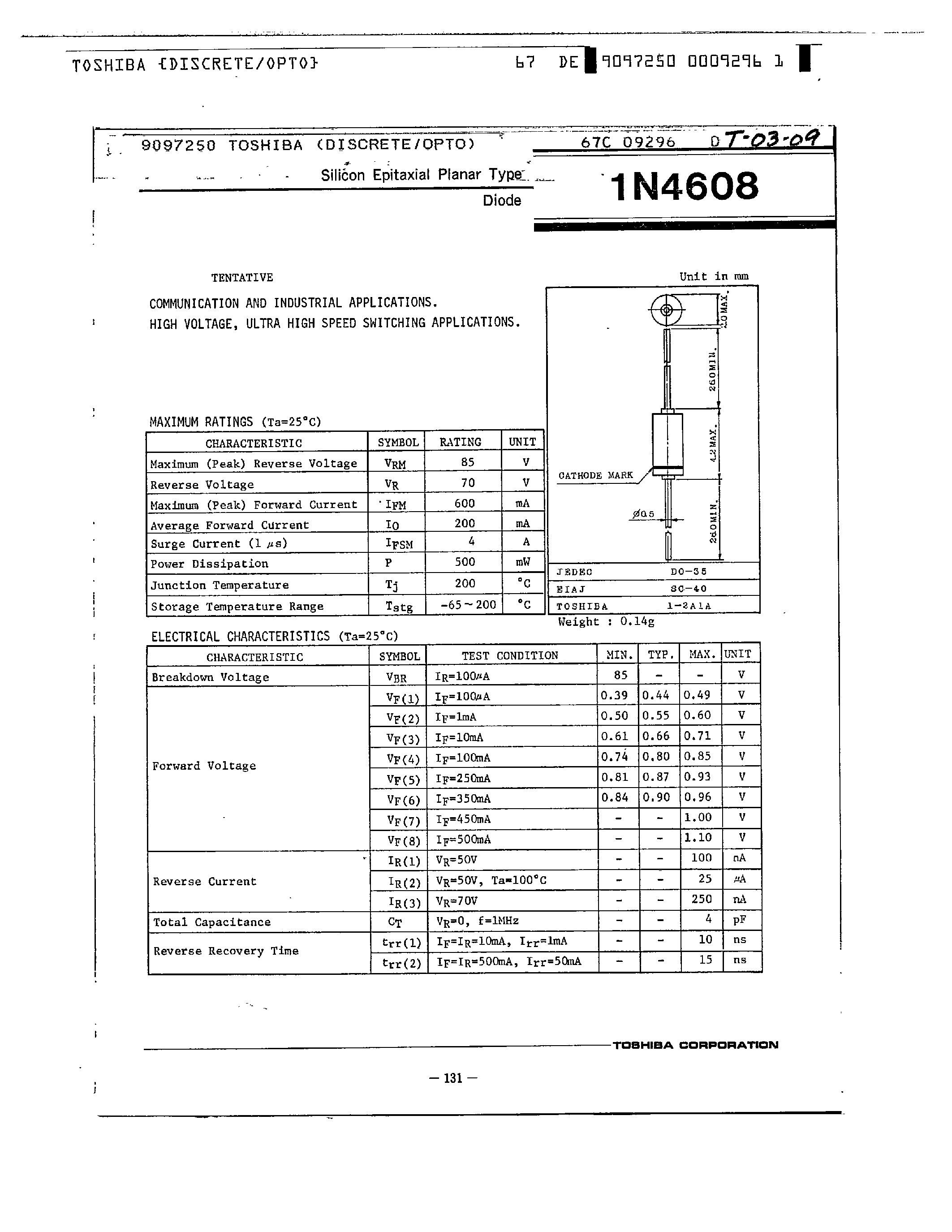 Datasheet 1N4608 - SILICON EPITAXIAL PLANAR TYPE DIODE page 1