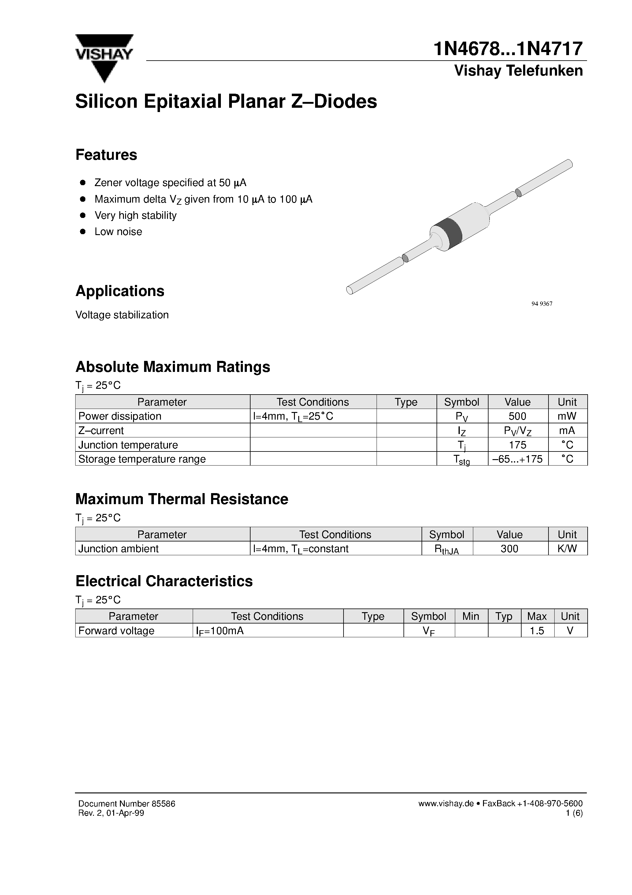 Даташит 1N4680 - Silicon Epitaxial Planar Z-Diodes страница 1