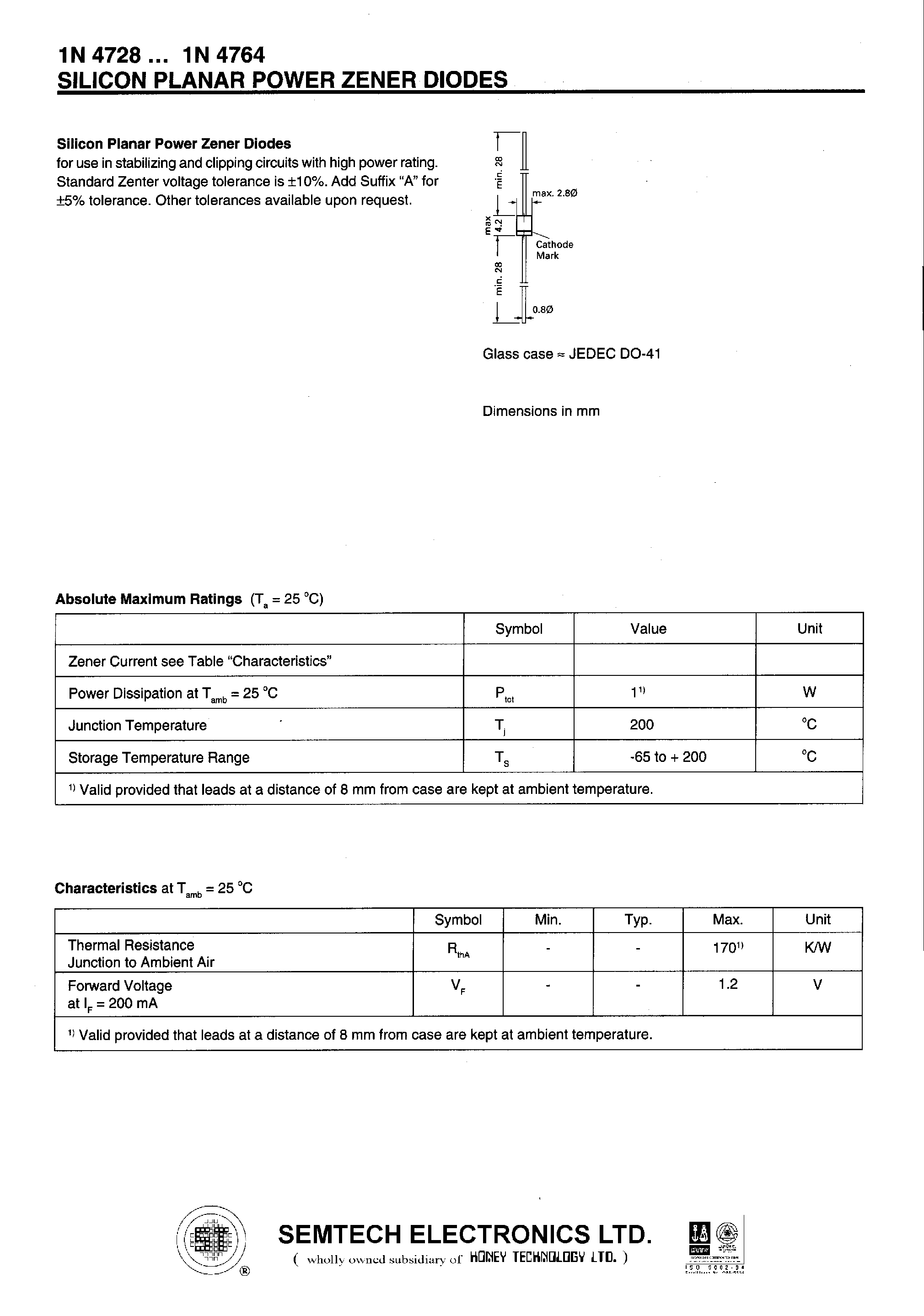 Datasheet 1N4730 - SILICON PLANAR POWER ZENER DIODES page 1