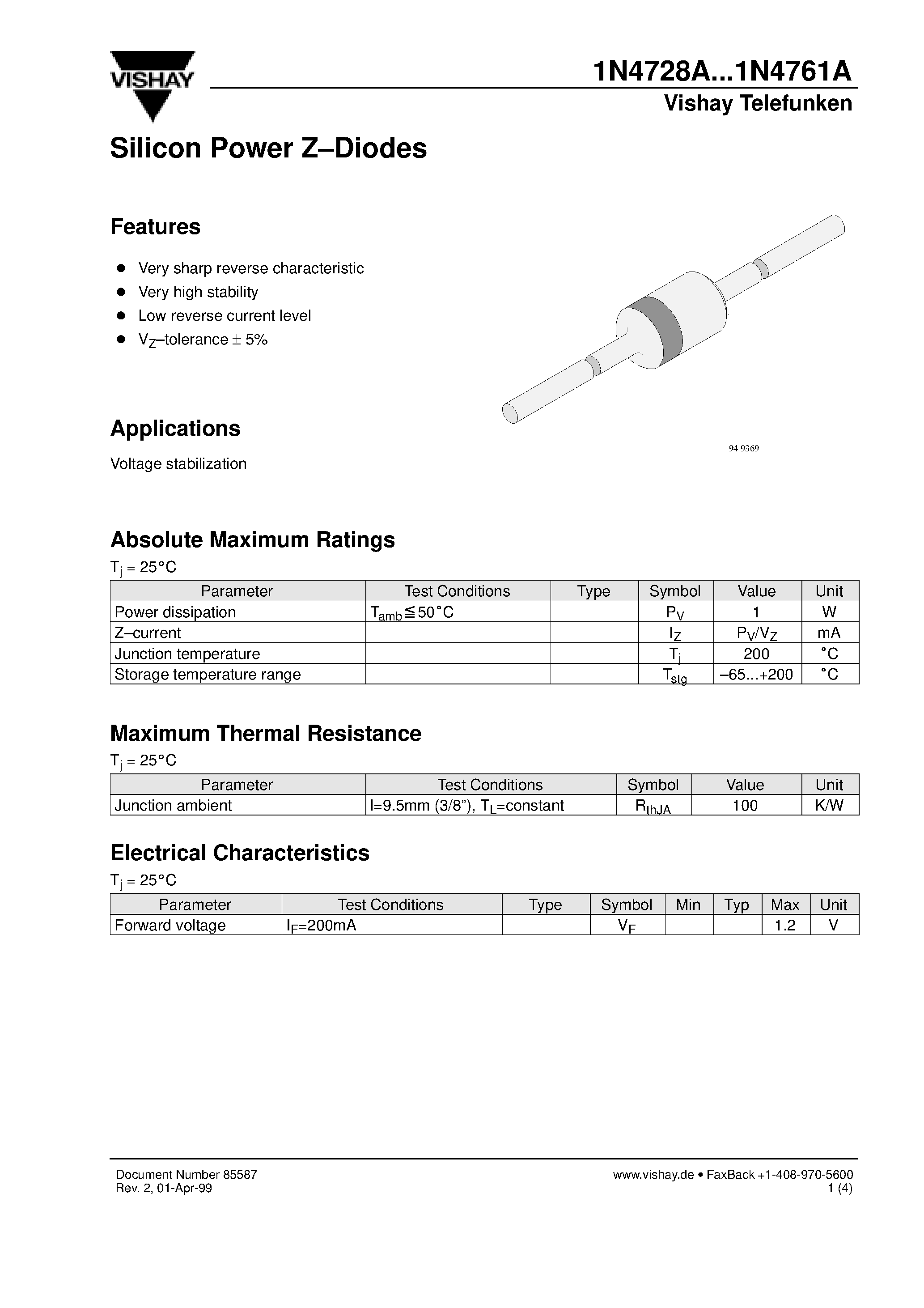 Даташит 1N4733A - Silicon Power Z-Diodes страница 1
