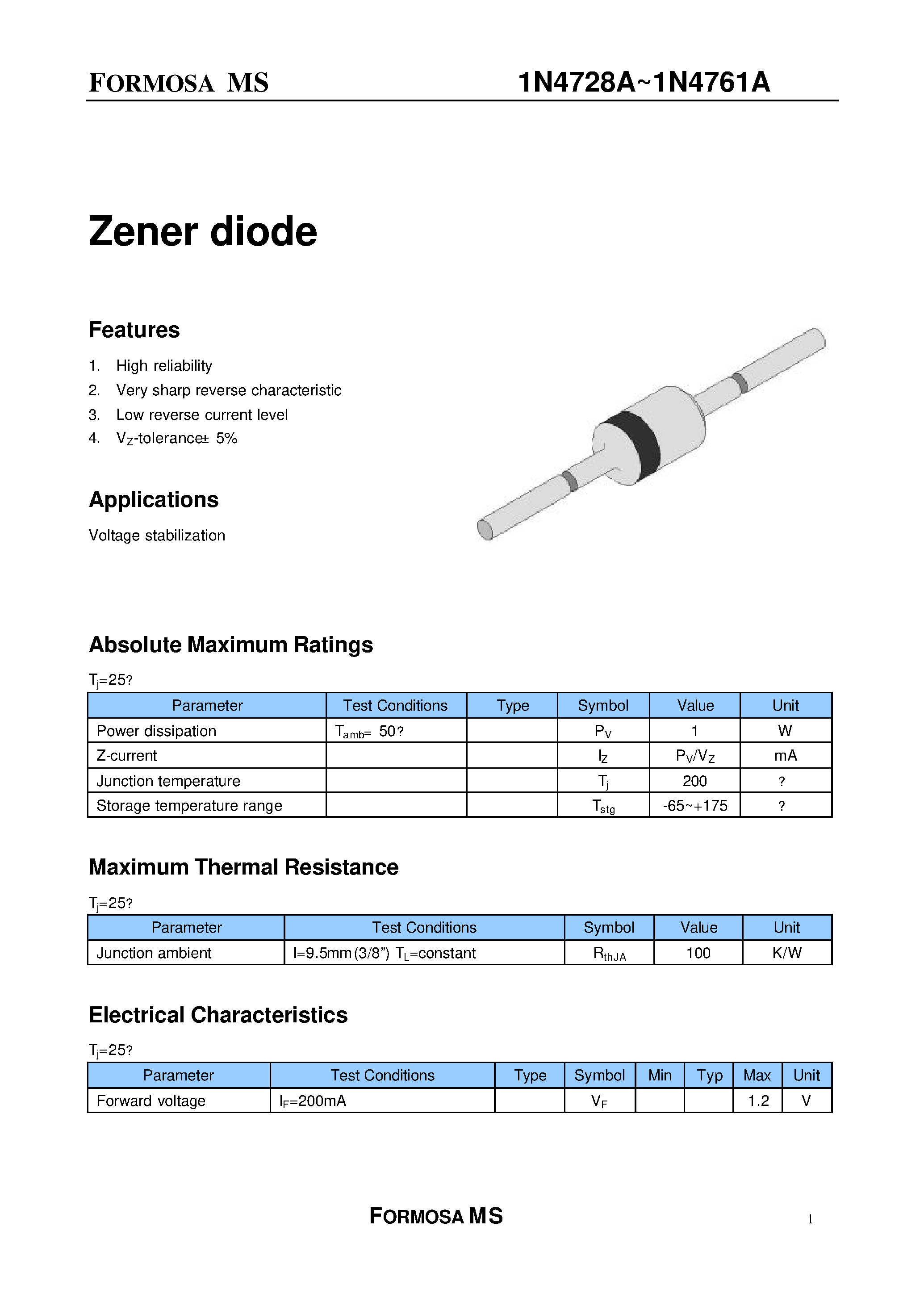 Datasheet 1N4740A - Zener diode page 1