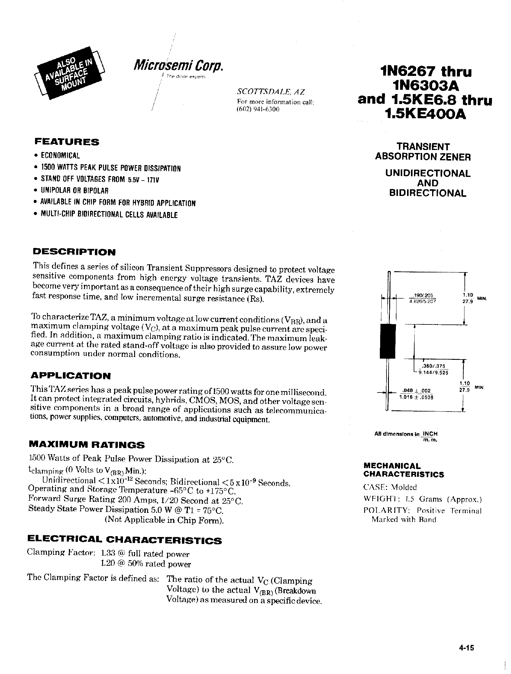 Datasheet 1.5KE100 - TRANSIENT ABSORPTION ZENER page 1