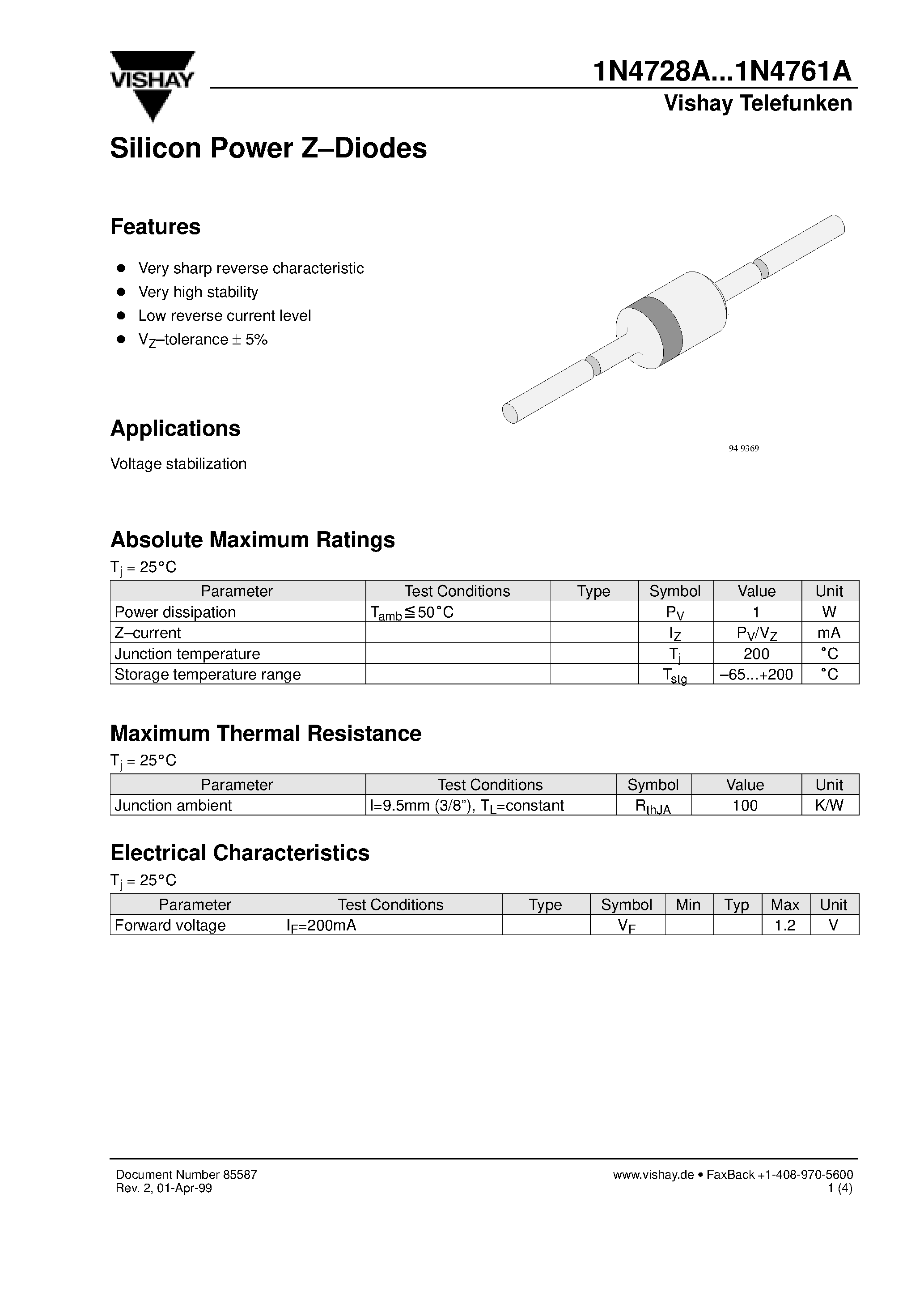 Даташит 1N4744A - Silicon Power Z-Diodes страница 1