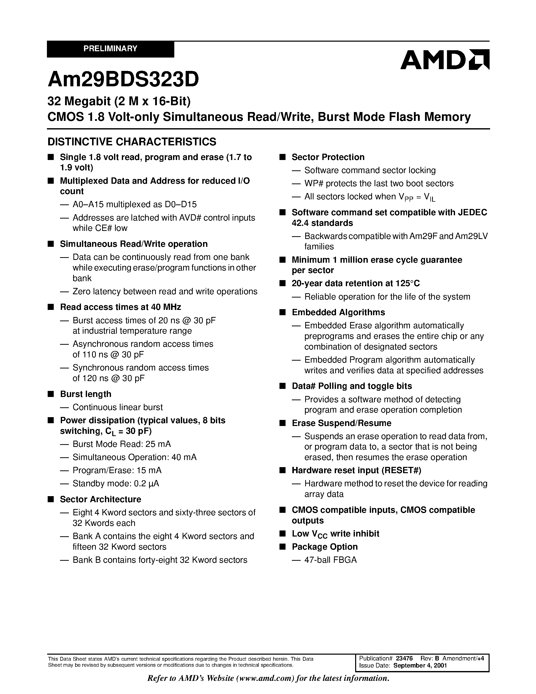Даташит AM29BDS323D - 32 Megabit (2 M x 16-Bit) CMOS 1.8 Volt-only Simultaneous Read/Write/ Burst Mode Flash Memory страница 1