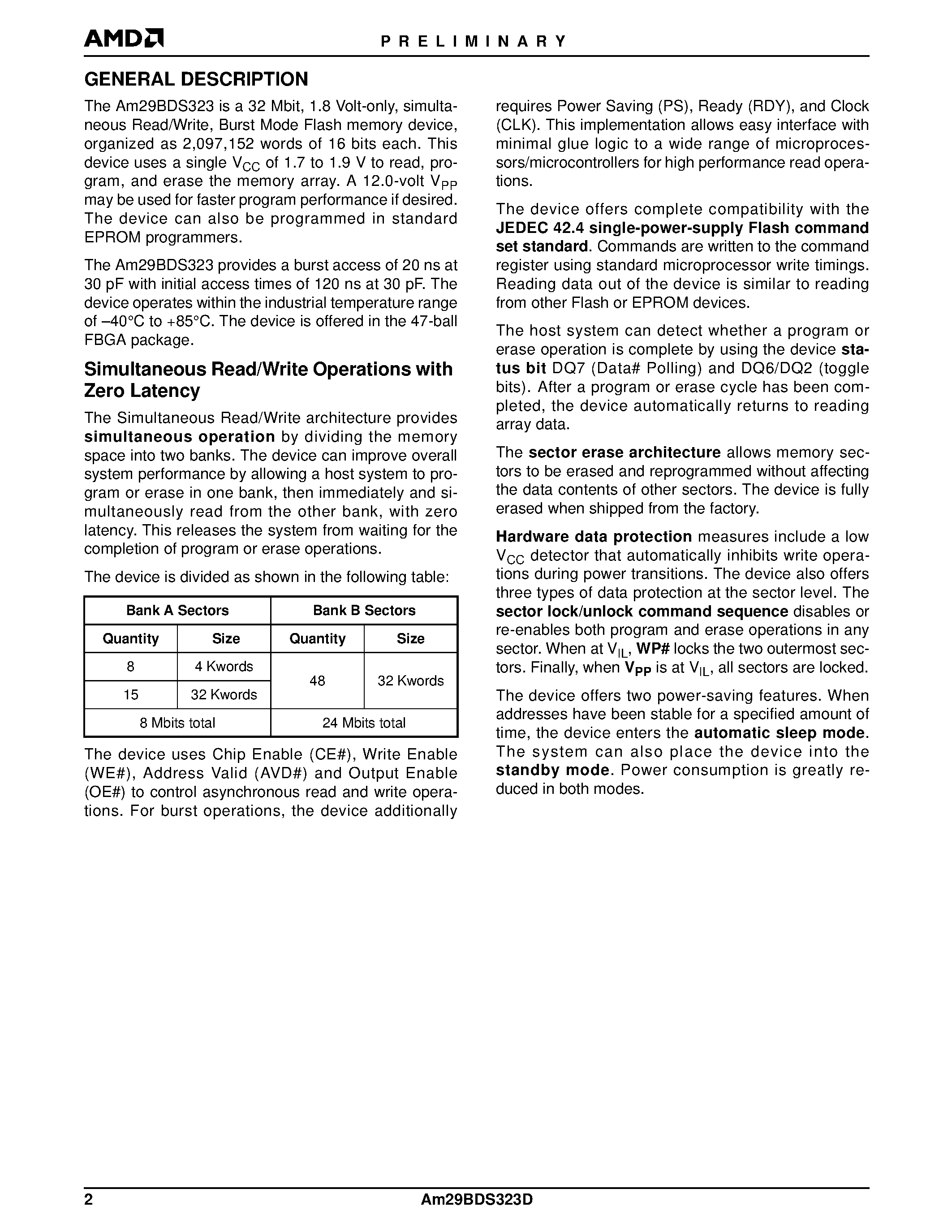 Даташит AM29BDS323D - 32 Megabit (2 M x 16-Bit) CMOS 1.8 Volt-only Simultaneous Read/Write/ Burst Mode Flash Memory страница 2