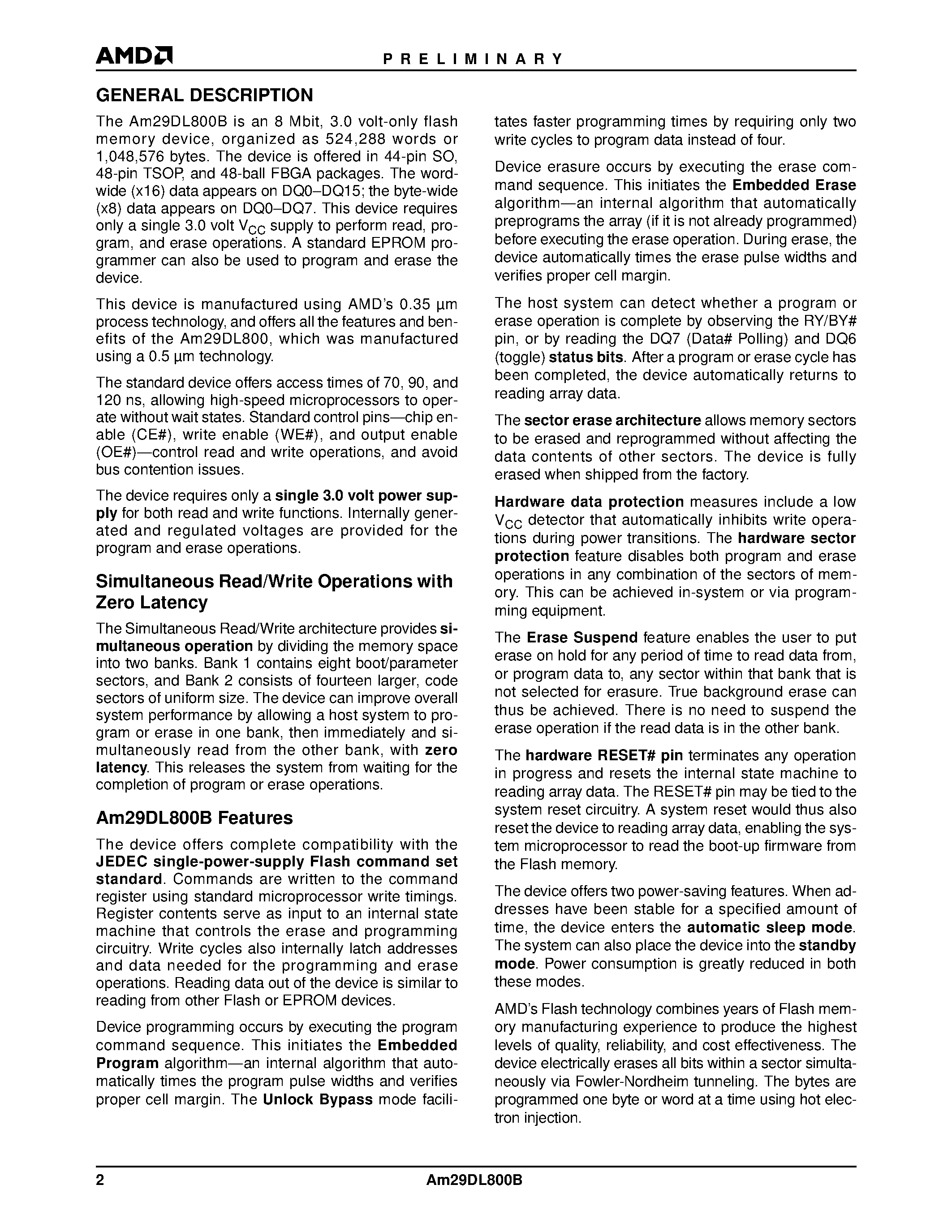 Datasheet Am29DL800BB90WBC page 2 Datasheet Am29DL800BB90WBC - 8 Megabit (1 M x 8-Bit/512 K x 16-Bit) CMOS 3.0 Volt-only/ Simultaneous Operation Flash Memory page 2
