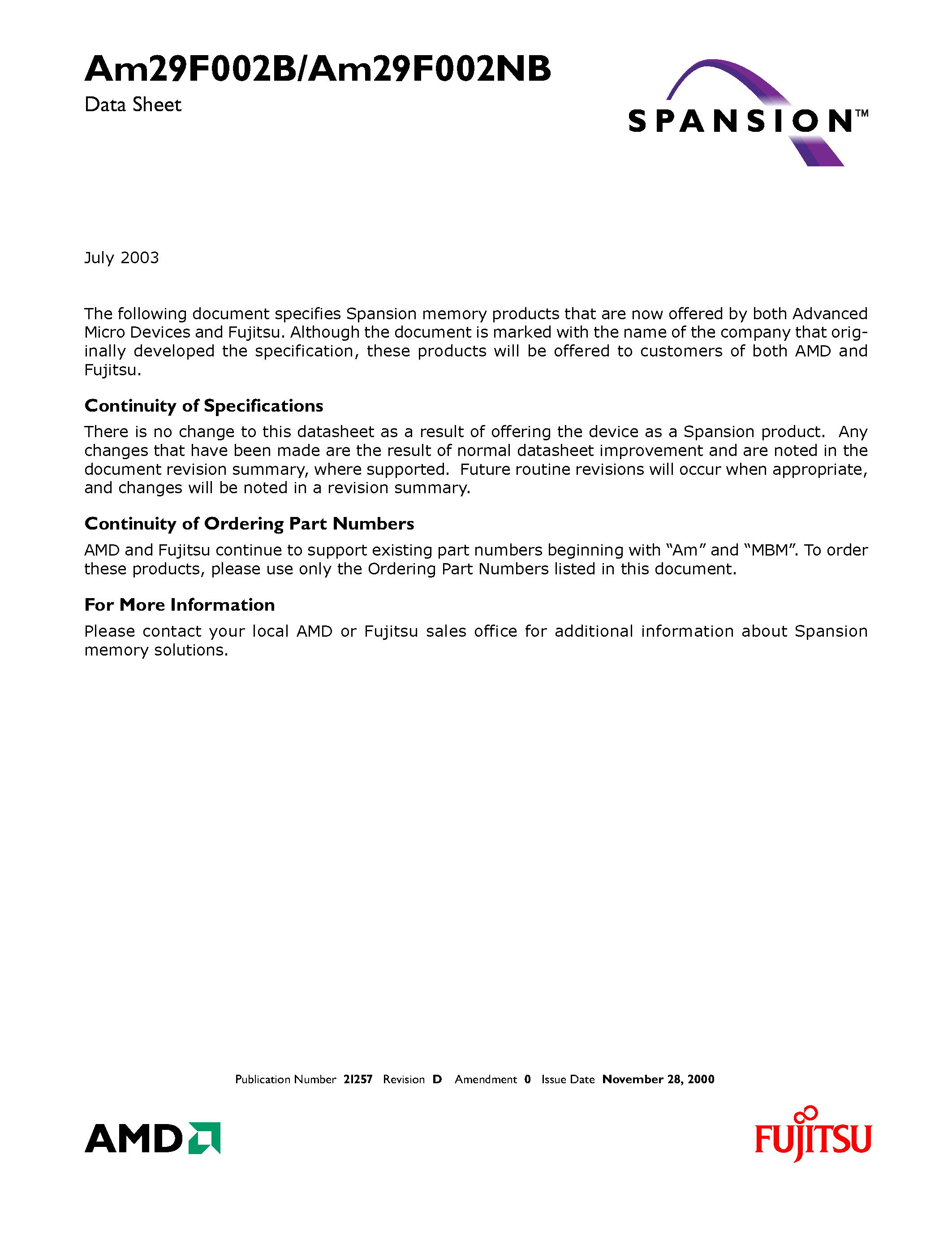 Datasheet AM29F002BB-90 - 2 Megabit (256 K x 8-Bit) CMOS 5.0 Volt-only Boot Sector Flash Memory page 1
