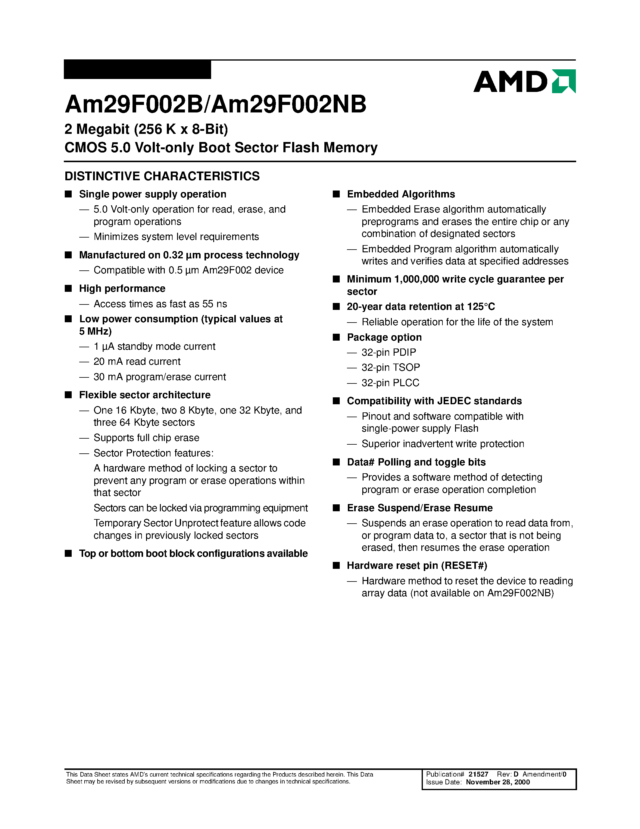 Datasheet AM29F002NBT-70 page 2 Datasheet AM29F002NBT-70 - 2 Megabit (256 K x 8-Bit) CMOS 5.0 Volt-only Boot Sector Flash Memory page 2