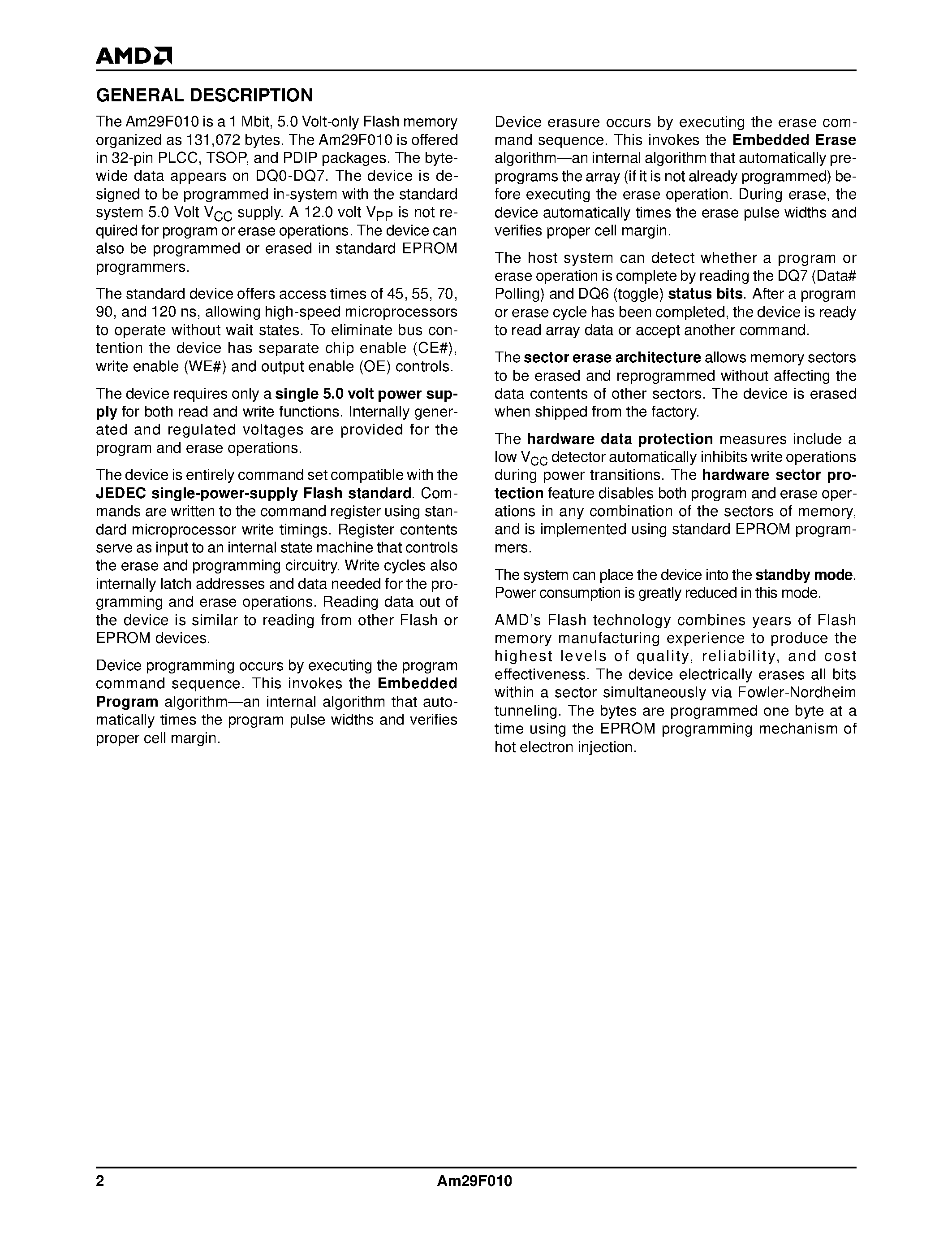 Datasheet Am29F010-90FIB page 2 Datasheet Am29F010-90FIB - 1 Megabit (128 K x 8-bit) CMOS 5.0 Volt-only/ Uniform Sector Flash Memory page 2