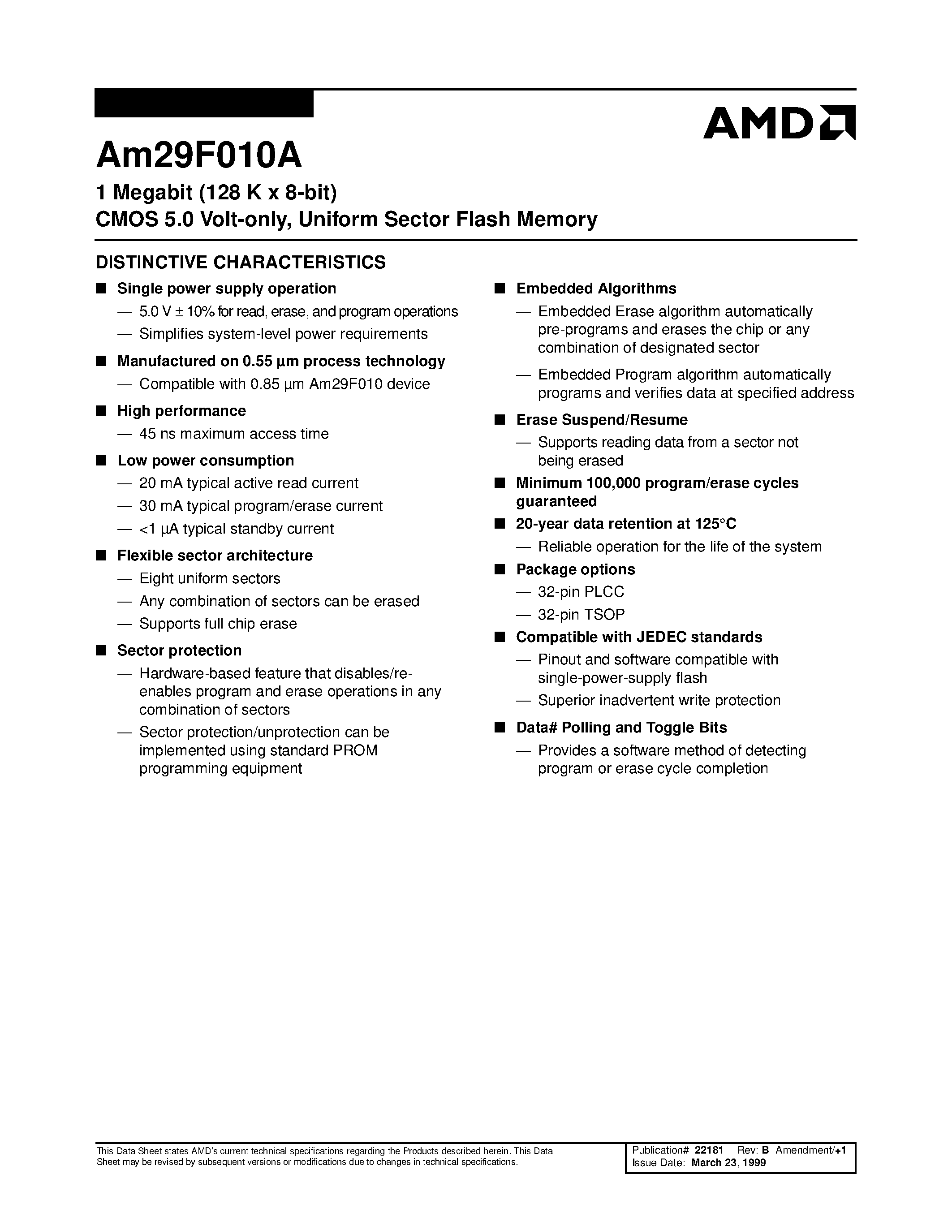 Datasheet AM29F010A - 1 Megabit (128 K x 8-bit) CMOS 5.0 Volt-only/ Uniform Sector Flash Memory page 1
