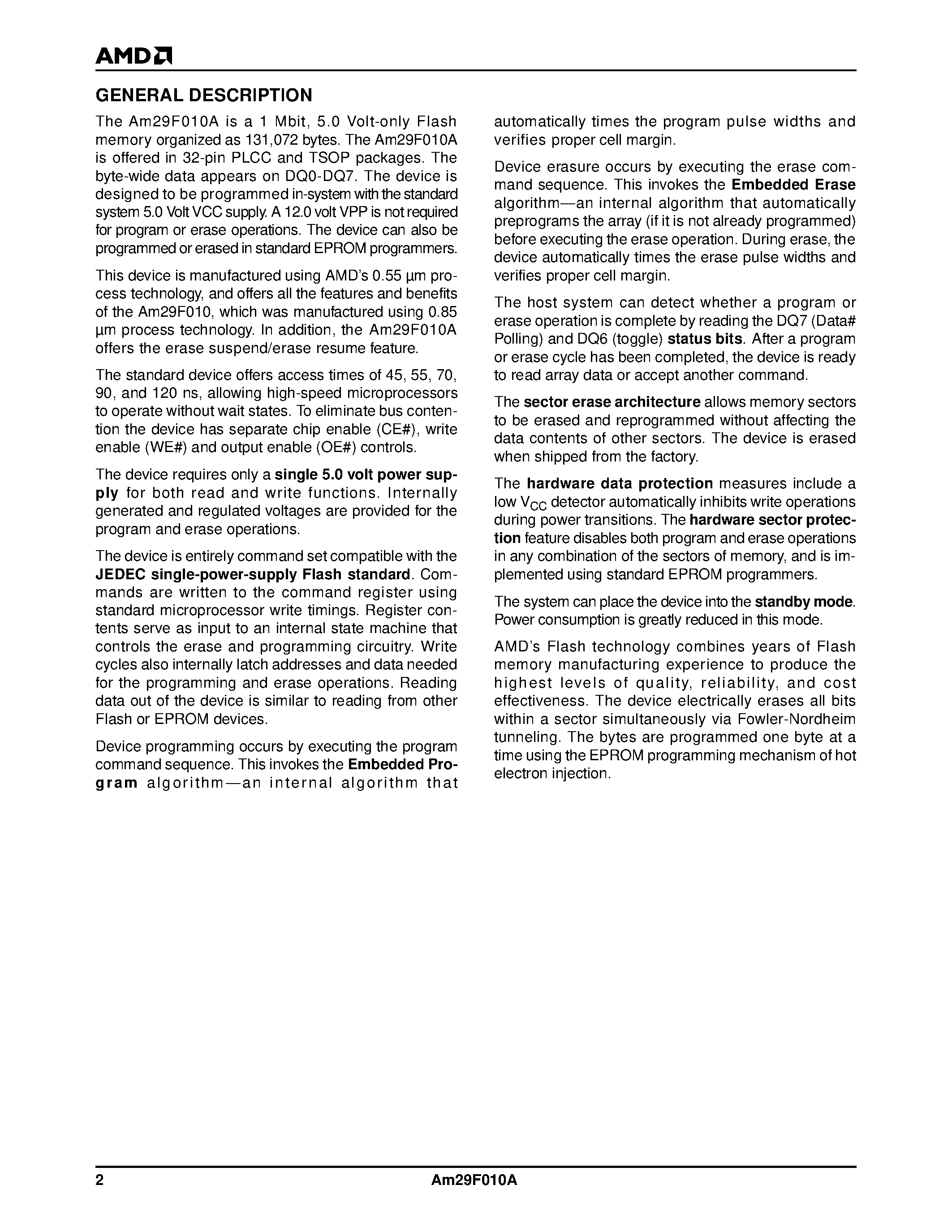 Datasheet AM29F010A-55 - 1 Megabit (128 K x 8-bit) CMOS 5.0 Volt-only/ Uniform Sector Flash Memory page 2