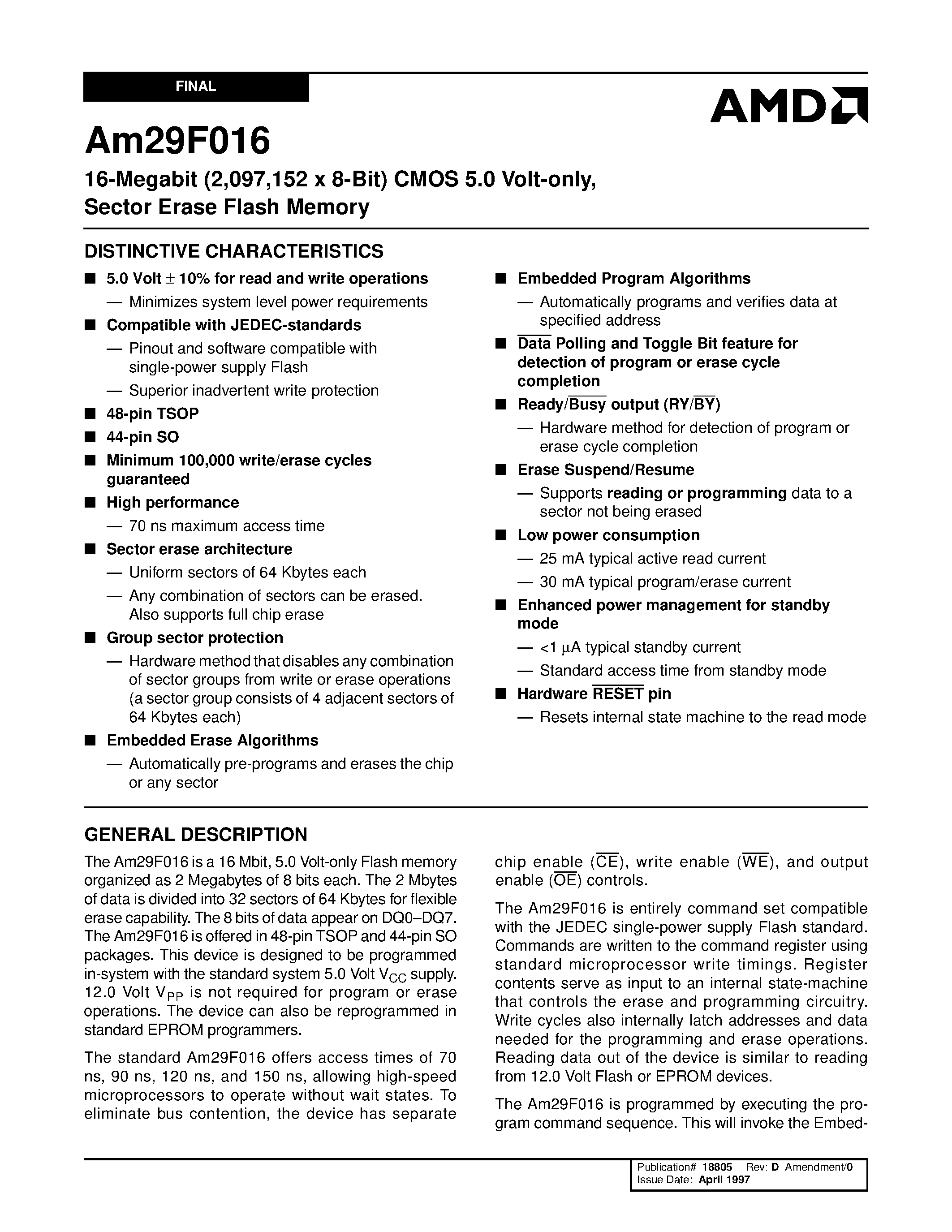 Datasheet AM29F016-90EC - 16-Megabit (2/097/152 x 8-Bit) CMOS 5.0 Volt-only/ Sector Erase Flash Memory page 1