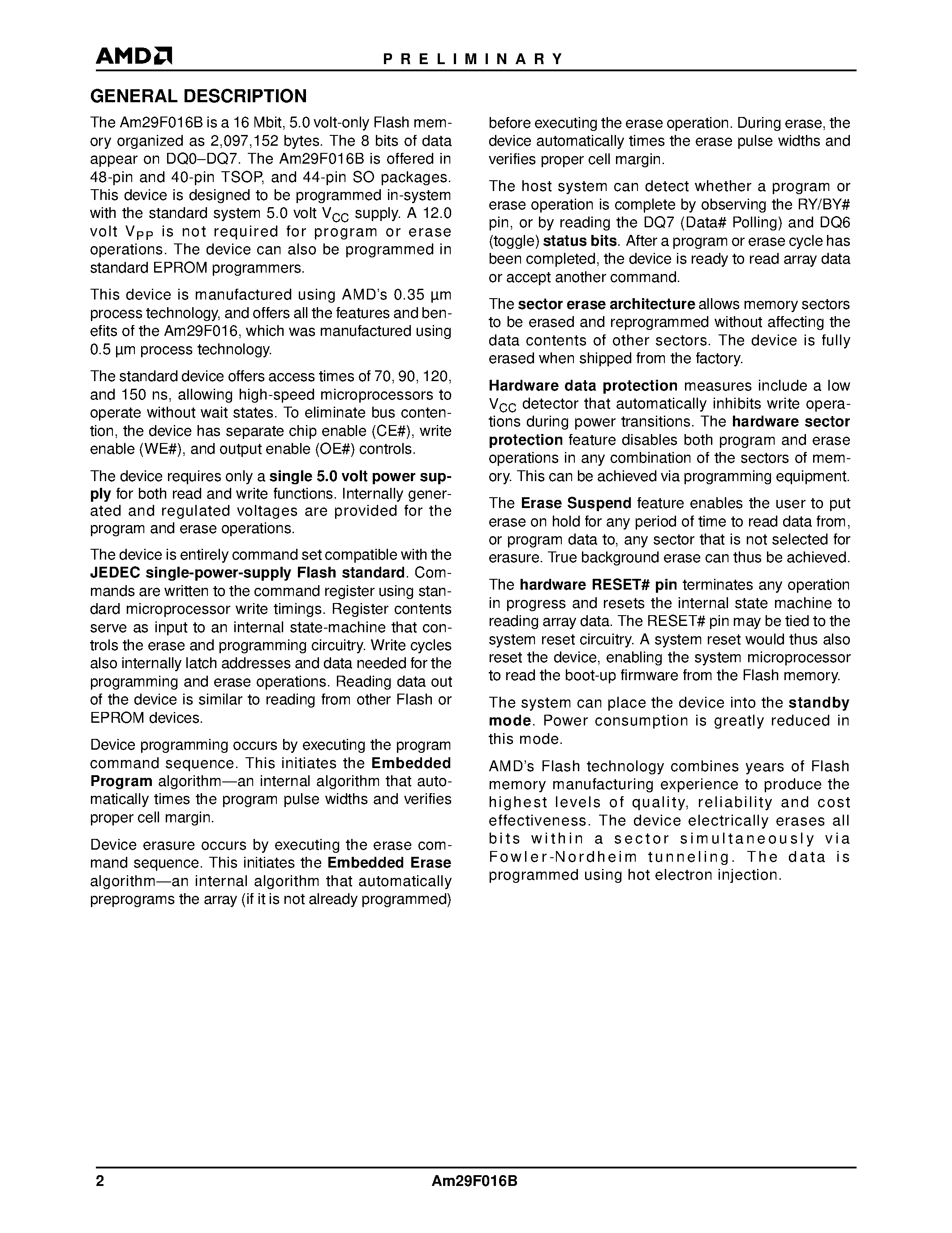 Даташит Am29F016B-70E4I - 16 Megabit (2 M x 8-Bit) CMOS 5.0 Volt-only/ Uniform Sector Flash Memory страница 2