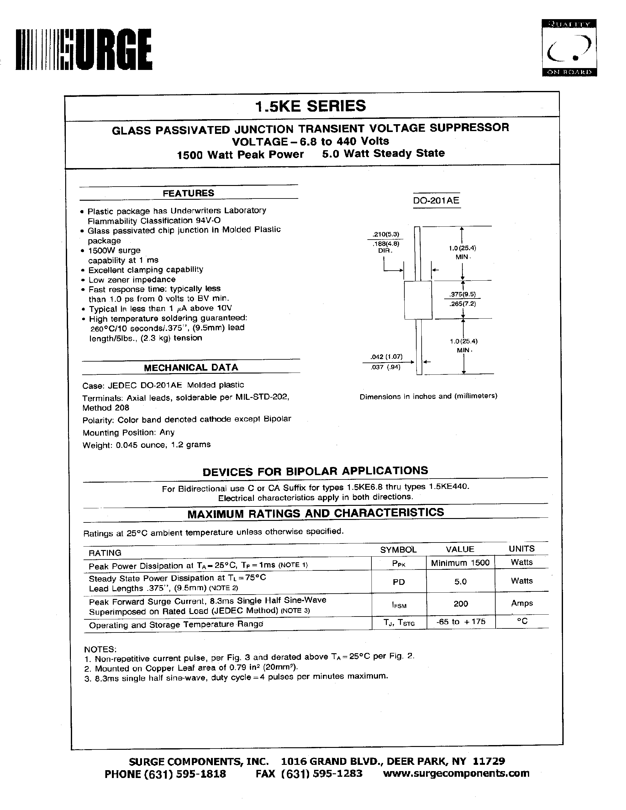 Datasheet 1.5KE100A - GLASS PASSIVATED JUNCTION TRANSIENT VOLTAGE SUPPRESSOR VOLTAGE-6.8 to 440 Volts page 1