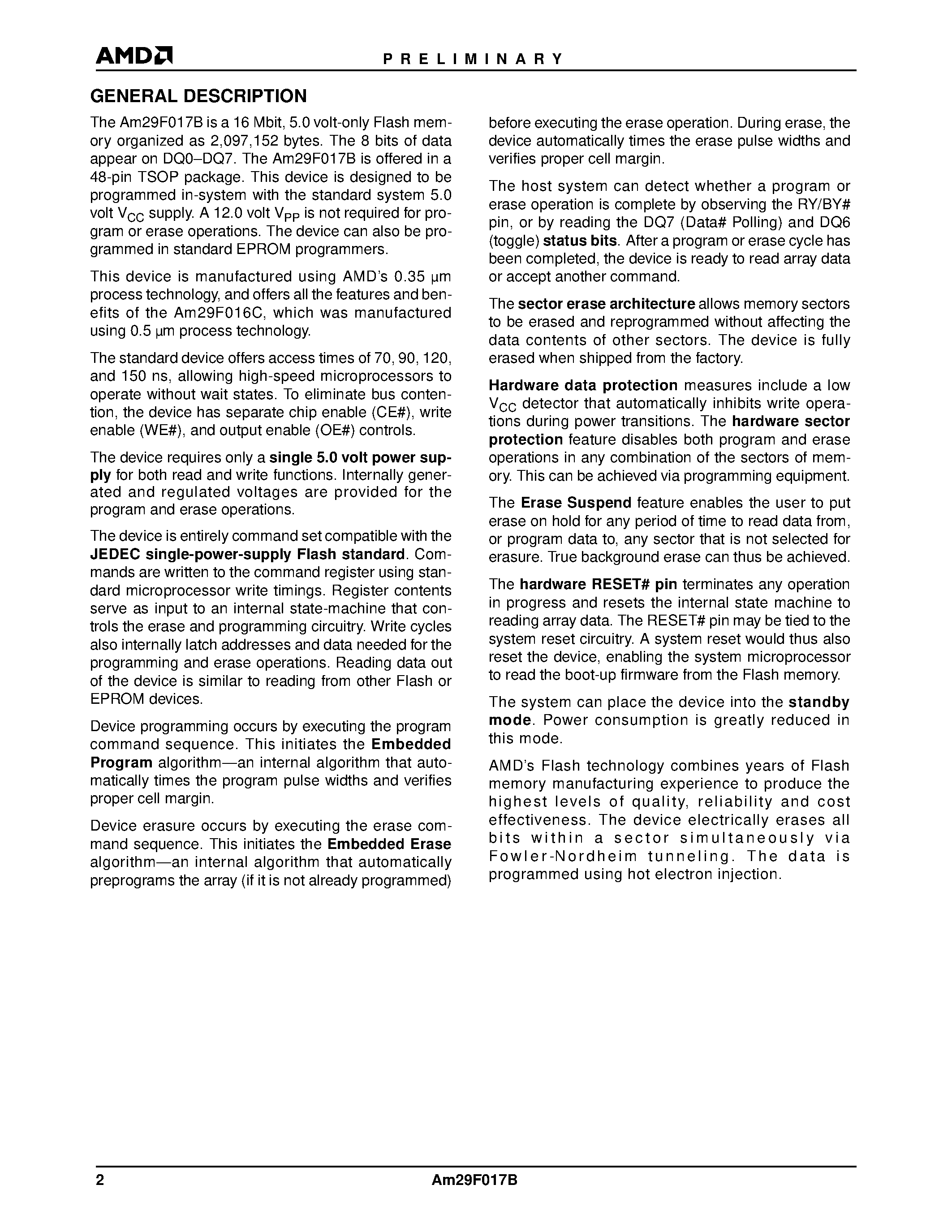 Даташит на микросхему Am29F017B-90FCB страница 2 Даташит Am29F017B-90FCB - 16 Megabit (2 M x 8-Bit) CMOS 5.0 Volt-only/ Uniform Sector Flash Memory страница 2