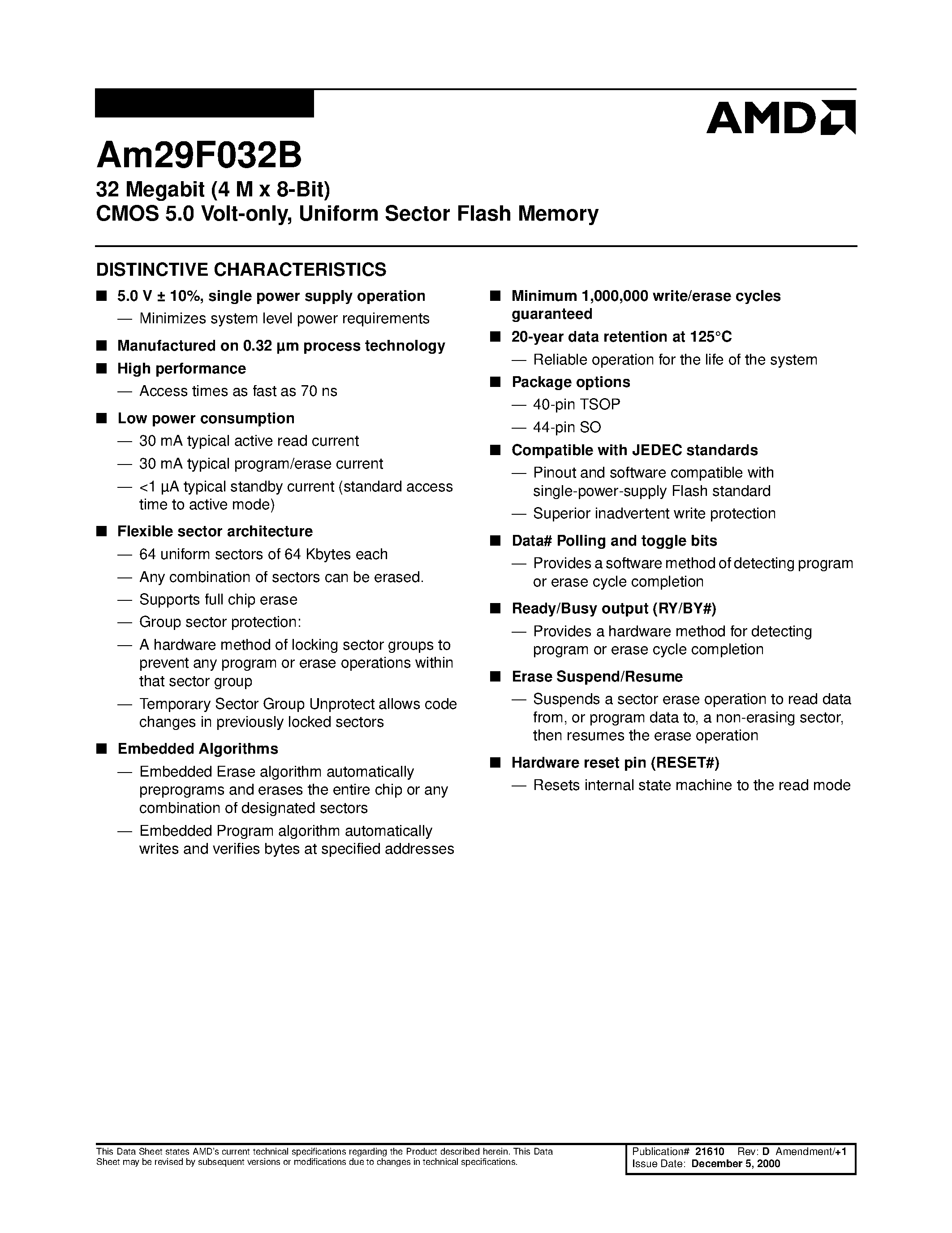 Даташит AM29F032B-75SE - 32 Megabit (4 M x 8-Bit) CMOS 5.0 Volt-only/ Uniform Sector Flash Memory страница 2
