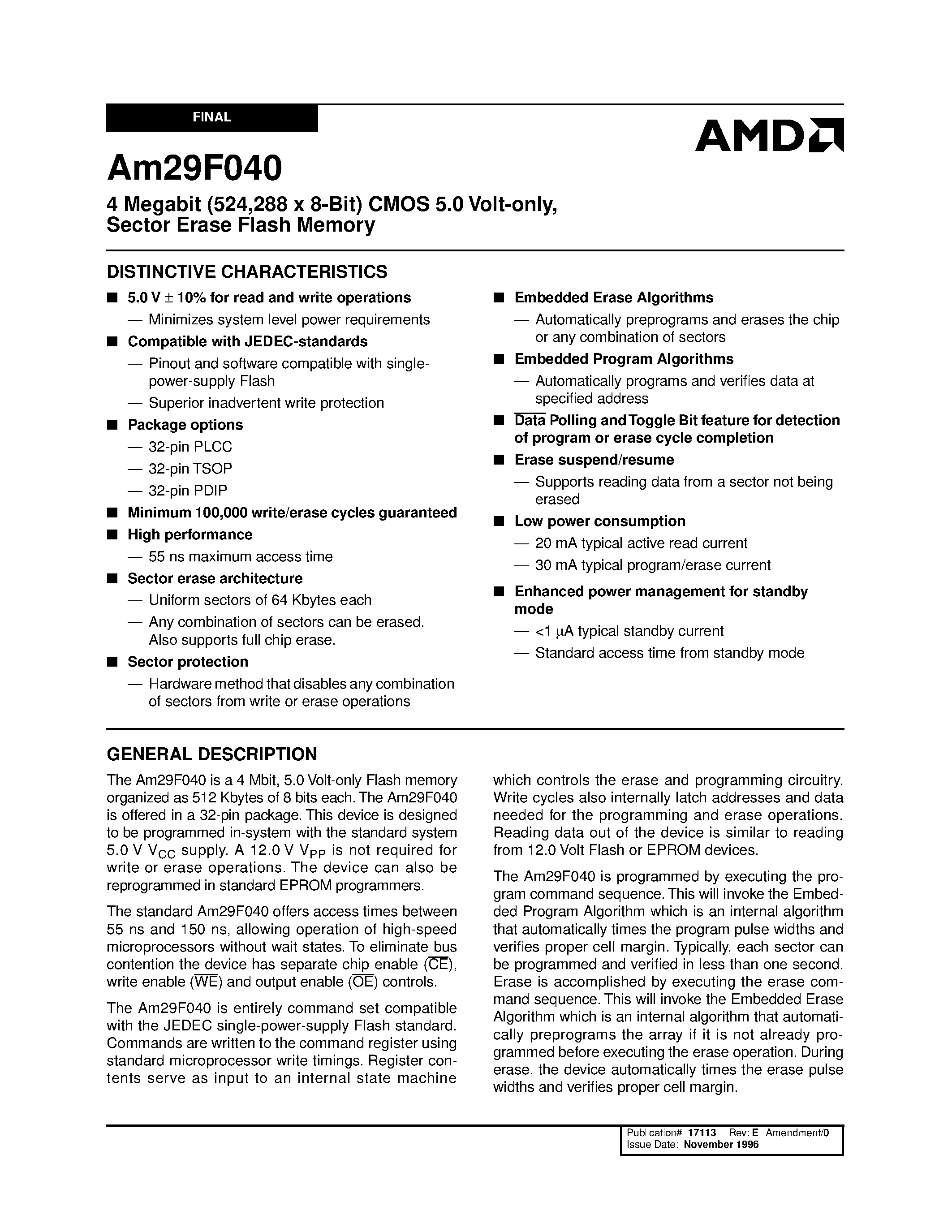 Datasheet AM29F040-150FEB - 4 Megabit (524/288 x 8-Bit) CMOS 5.0 Volt-only/ Sector Erase Flash Memory page 1