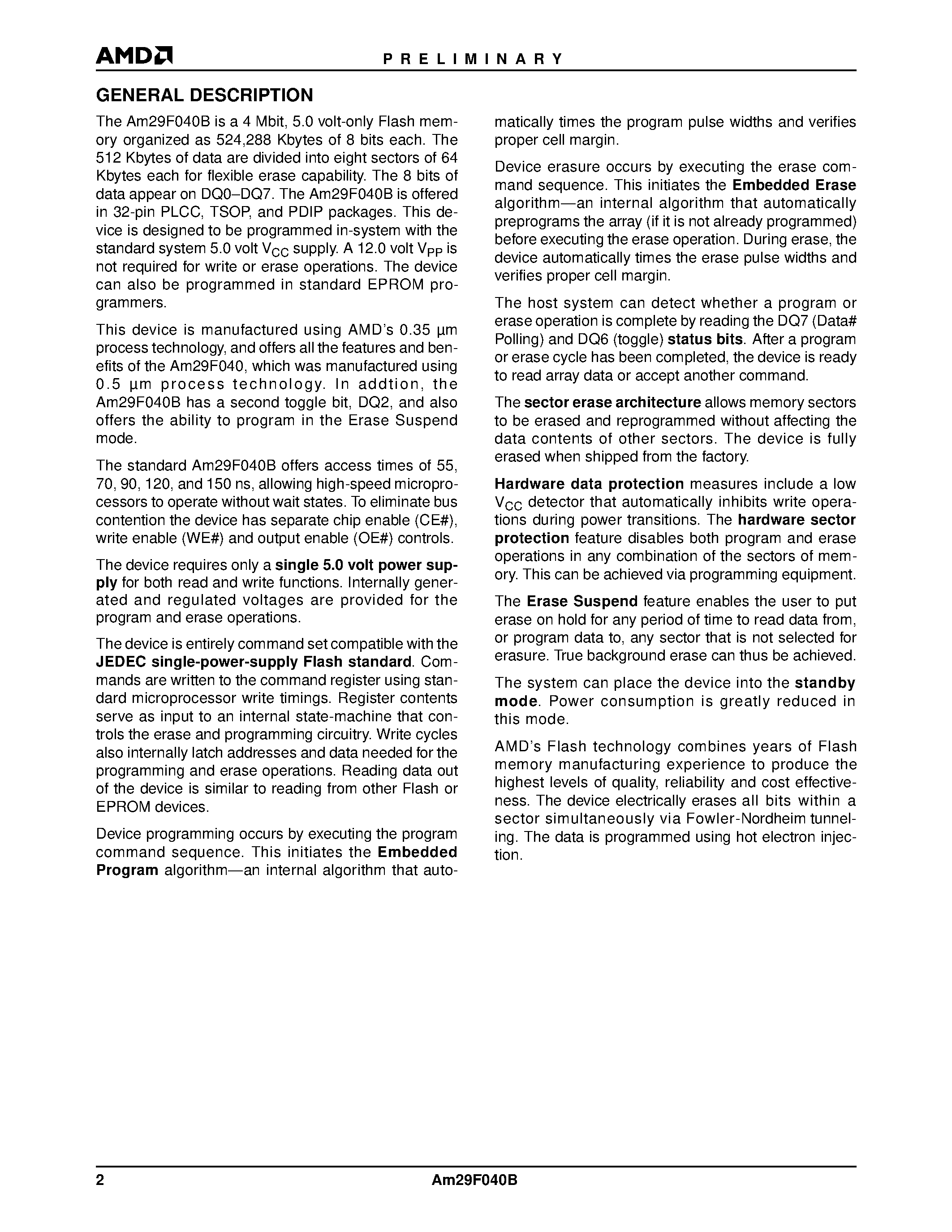 Datasheet Am29F040B-150ECB page 2 Datasheet Am29F040B-150ECB - 4 Megabit (512 K x 8-Bit) CMOS 5.0 Volt-only/ Uniform Sector Flash Memory page 2