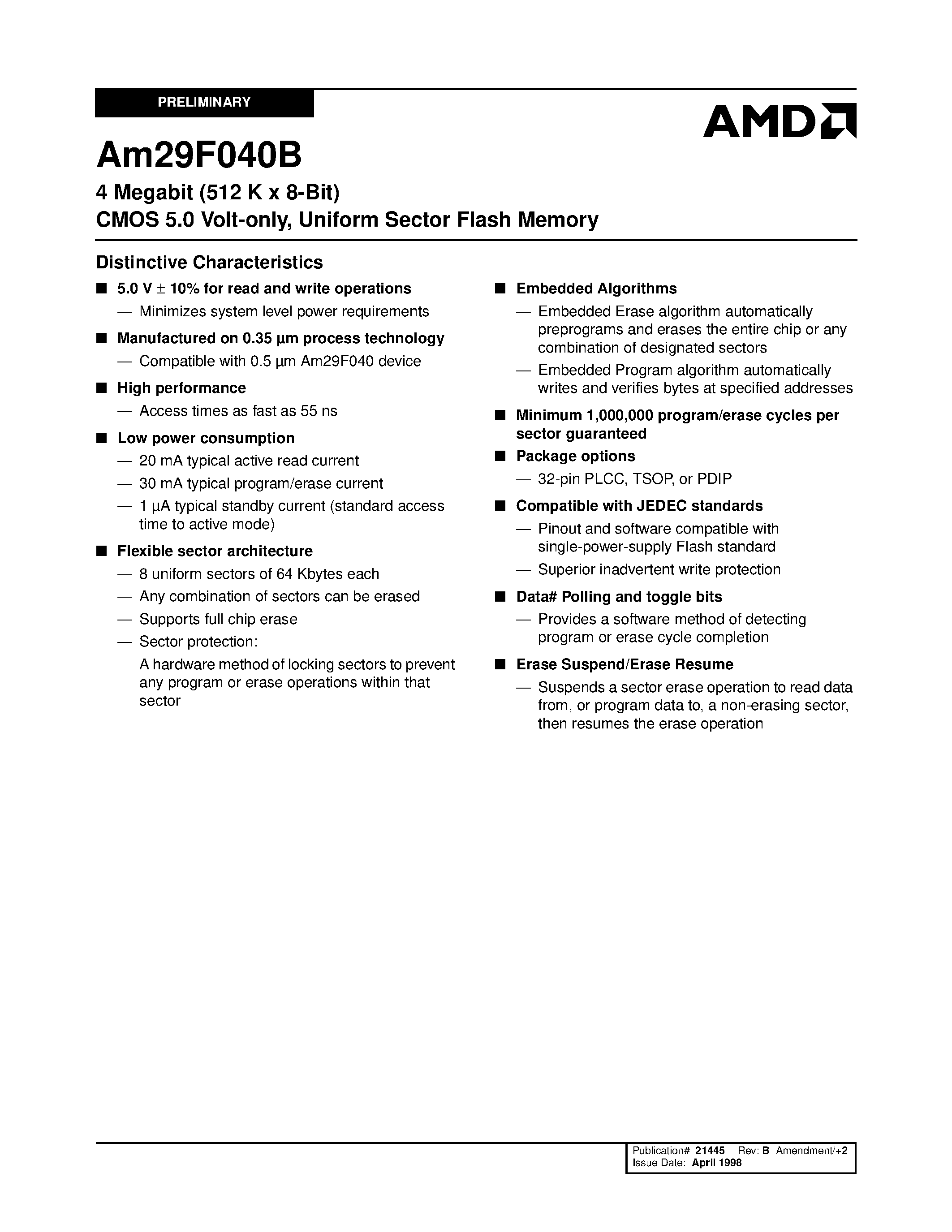 Datasheet Am29F040B-55FE - 4 Megabit (512 K x 8-Bit) CMOS 5.0 Volt-only/ Uniform Sector Flash Memory page 1