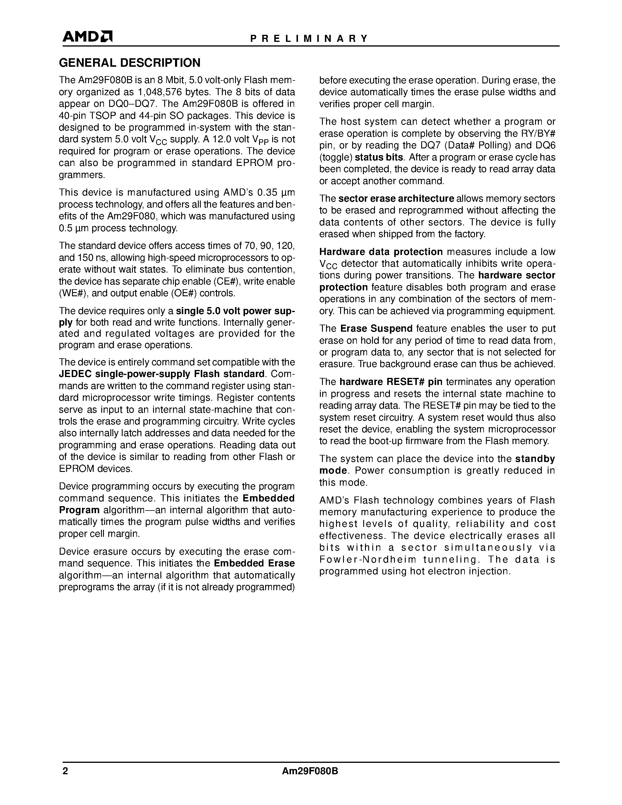 Даташит Am29F080B-120ECB - 8 Megabit (1 M x 8-Bit) CMOS 5.0 Volt-only/ Uniform Sector Flash Memory страница 2
