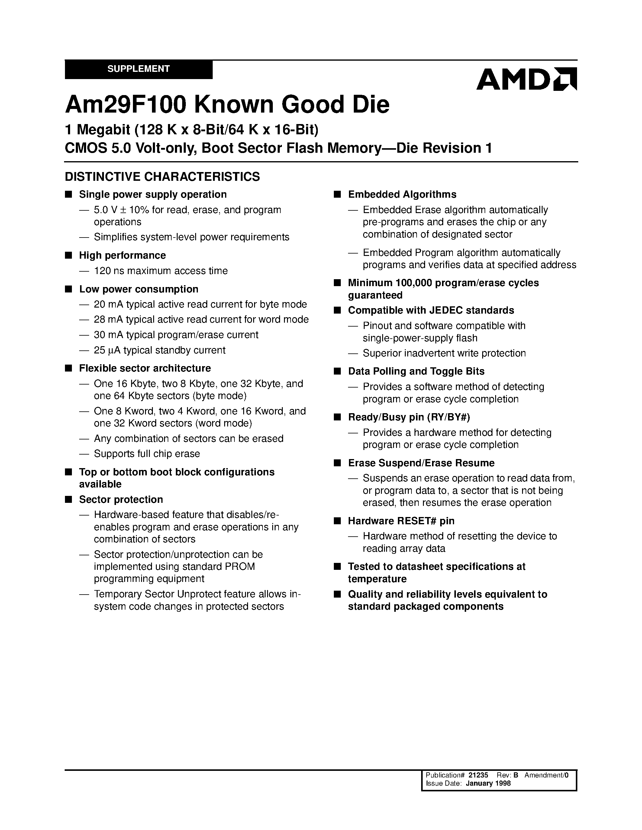 Datasheet AM29F100-1 - 1 Megabit (128 K x 8-Bit/64 K x 16-Bit) CMOS 5.0 Volt-only/ Boot Sector Flash Memory-Die Revision 1 page 1