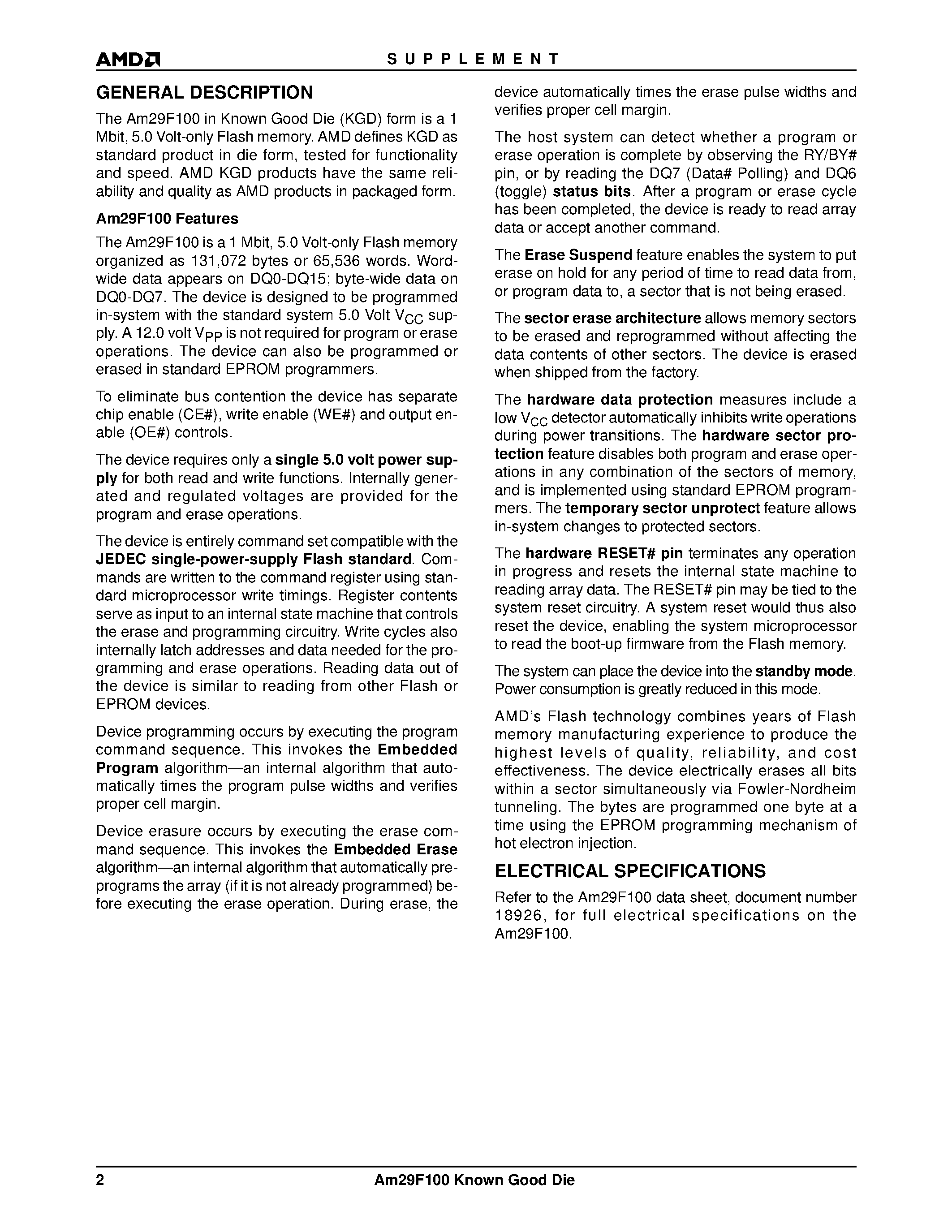 Datasheet AM29F100-1 - 1 Megabit (128 K x 8-Bit/64 K x 16-Bit) CMOS 5.0 Volt-only/ Boot Sector Flash Memory-Die Revision 1 page 2