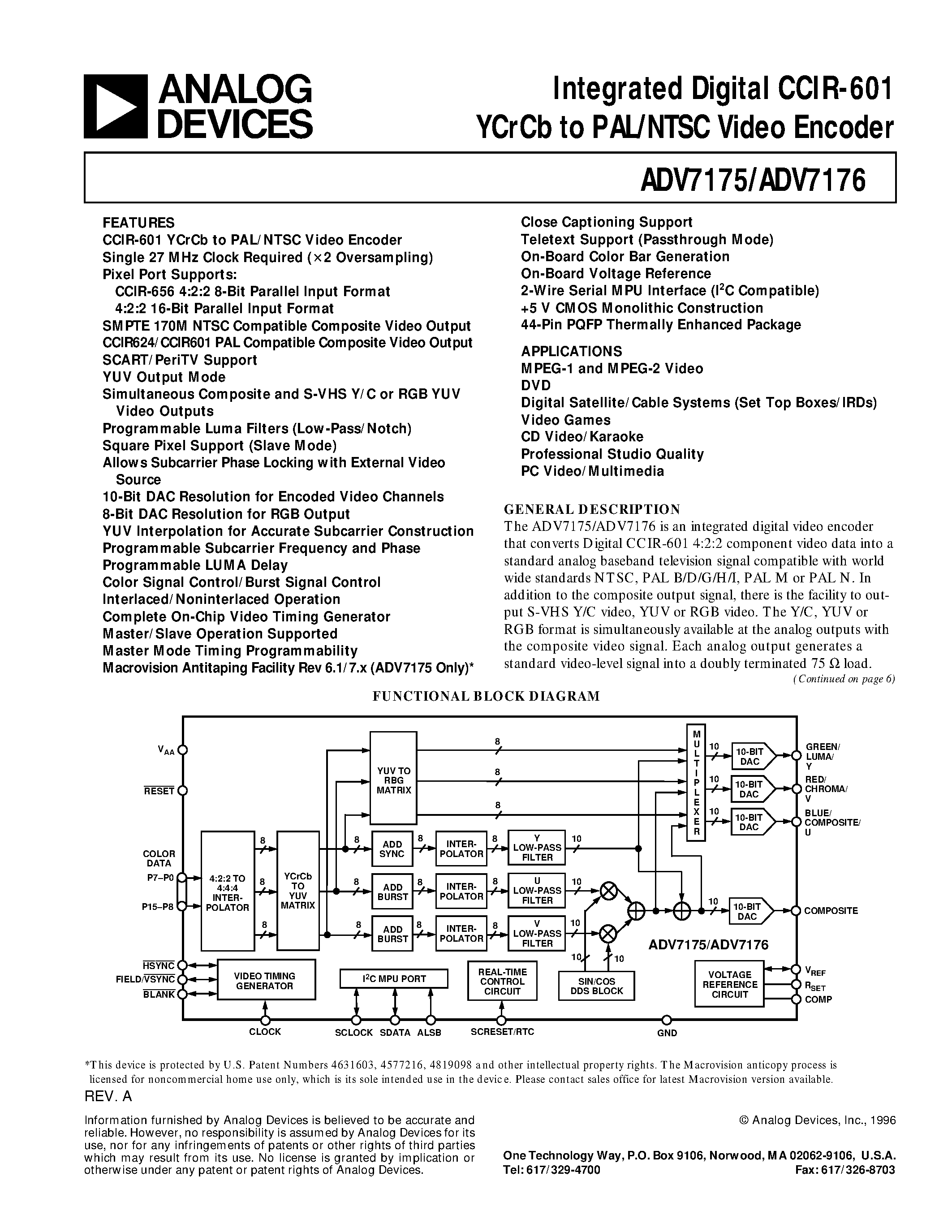 Даташит ADV7176 - Integrated Digital CCIR-601 YCrCb to PAL/NTSC Video Encoder страница 1