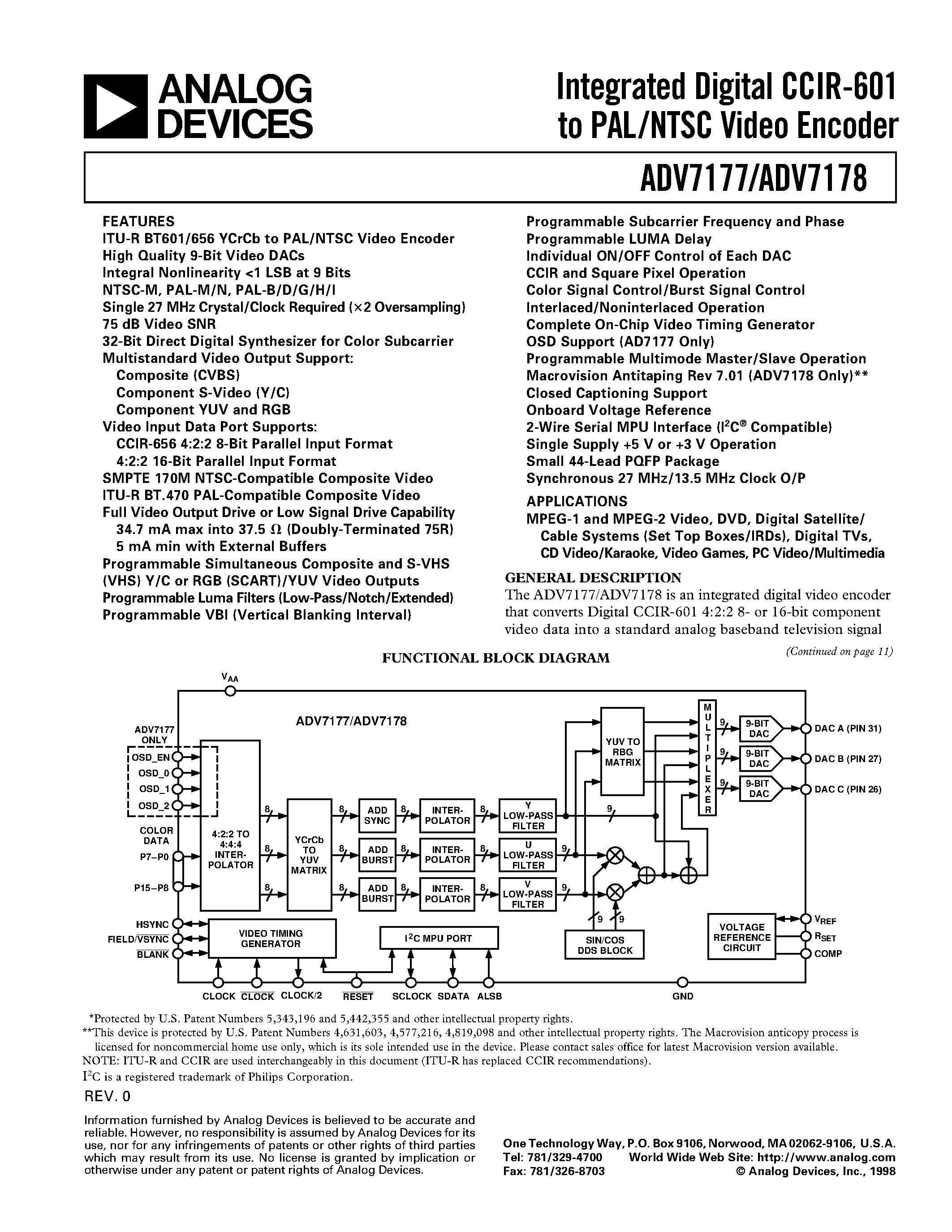 Даташит ADV7177 - Integrated Digital CCIR-601 to PAL/NTSC Video Encoder страница 1