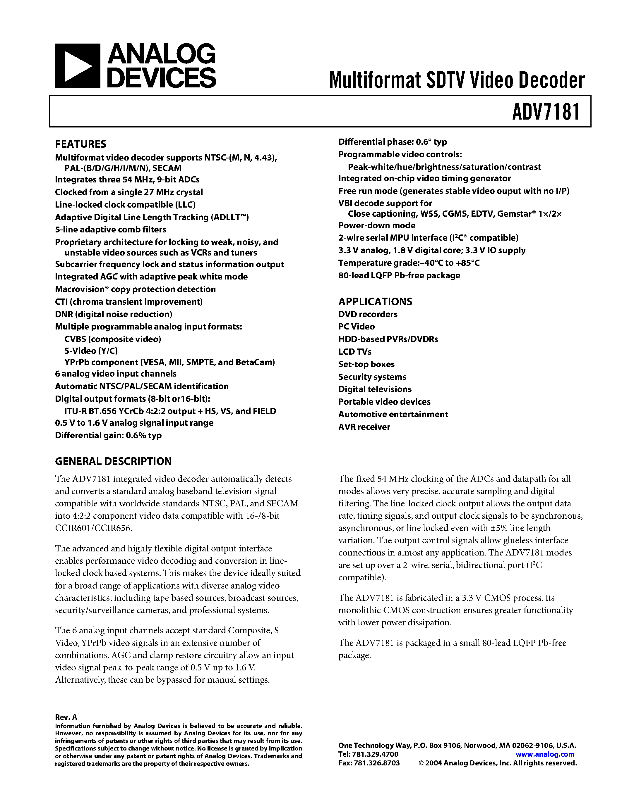 Datasheet ADV7181 - Multiformat SDTV Video Decoder page 1
