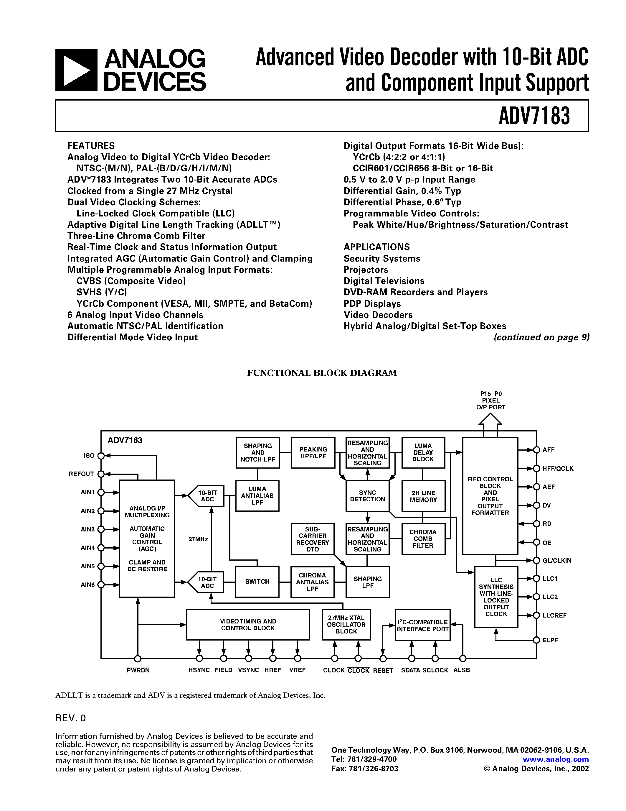 Datasheet ADV7183KST - Advanced Video Decoder with 10-Bit ADC and Component Input Support page 1