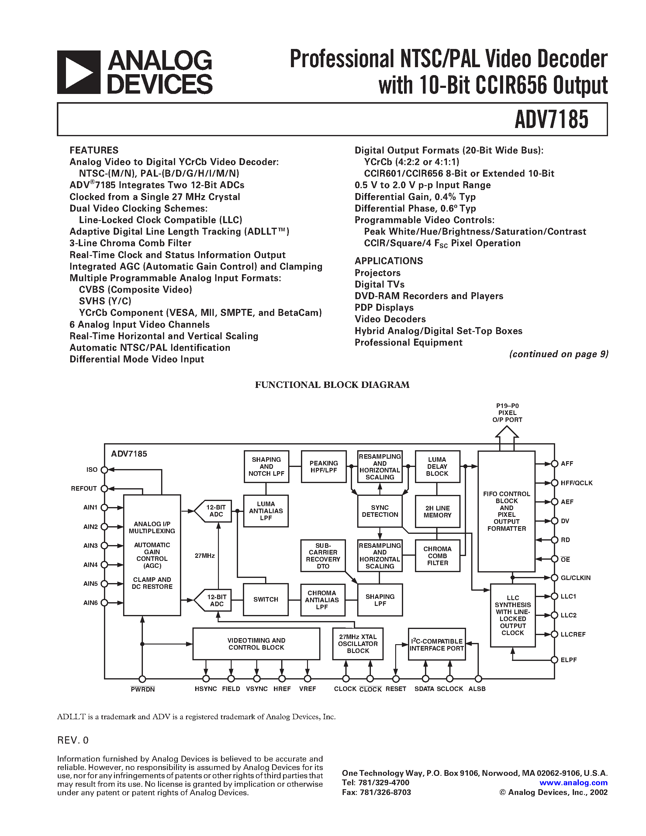 Datasheet ADV7185 - Professional NTSC/PAL Video Decoder with 10-Bit CCIR656 Output page 1