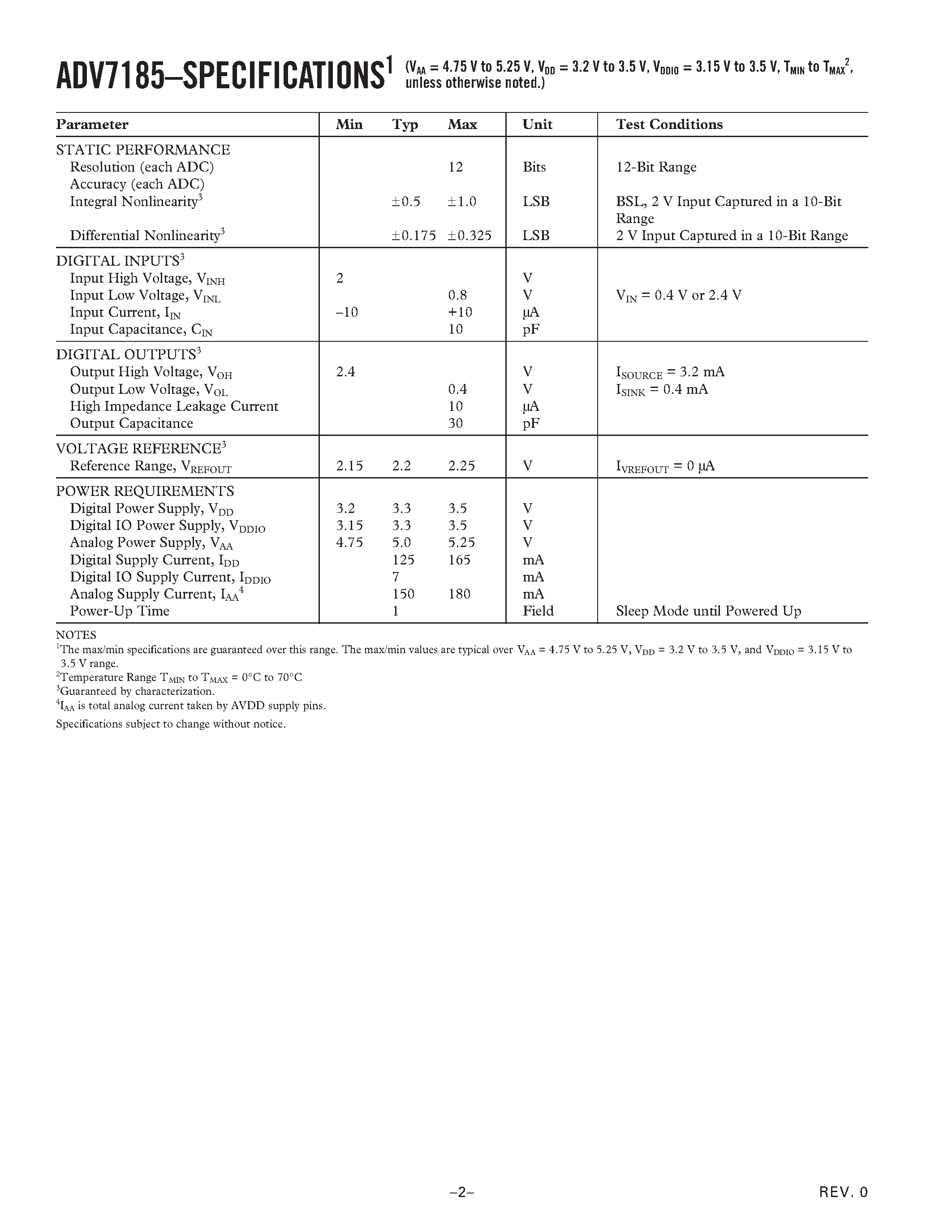 Datasheet ADV7185 - Professional NTSC/PAL Video Decoder with 10-Bit CCIR656 Output page 2