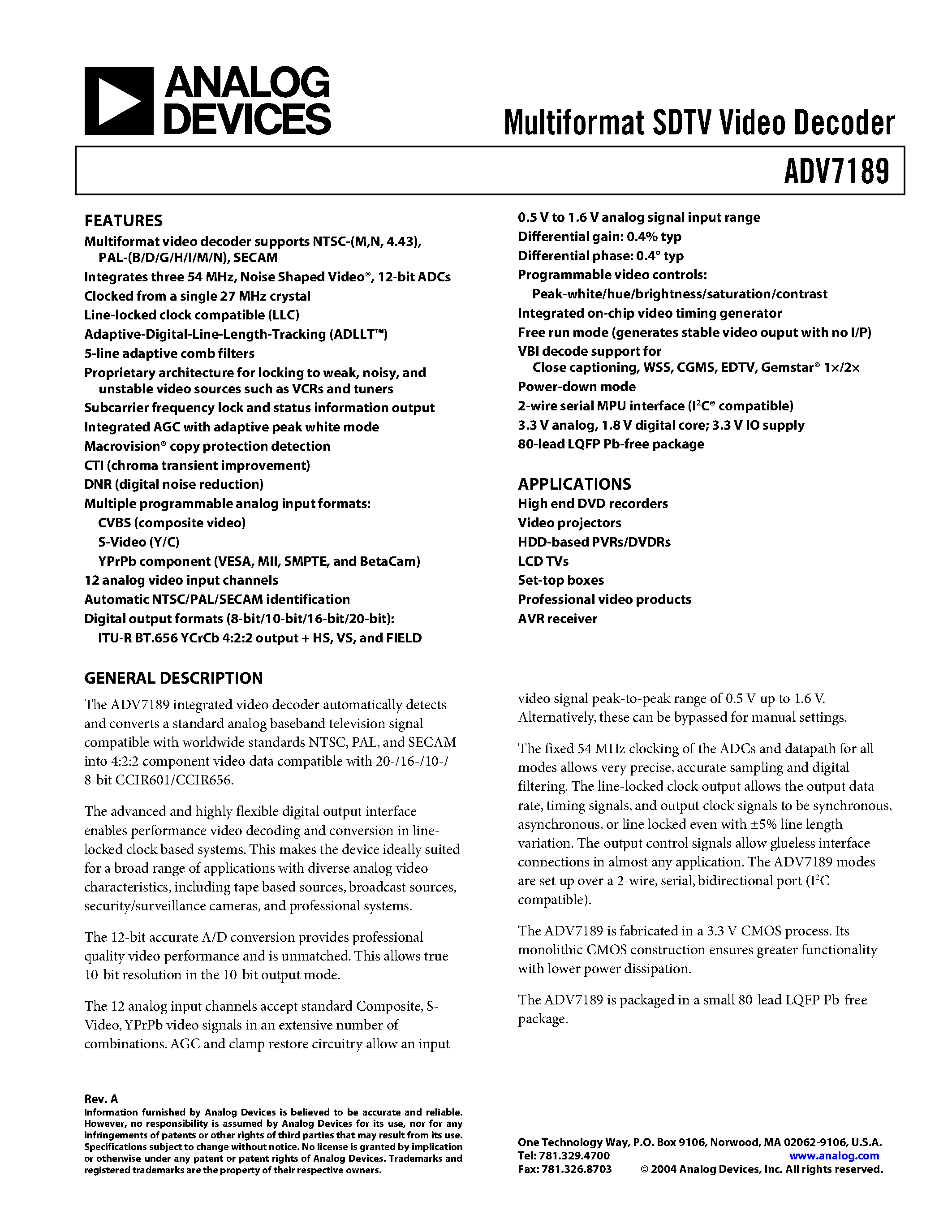 Даташит ADV7189 - Multiformat SDTV Video Decoder страница 1
