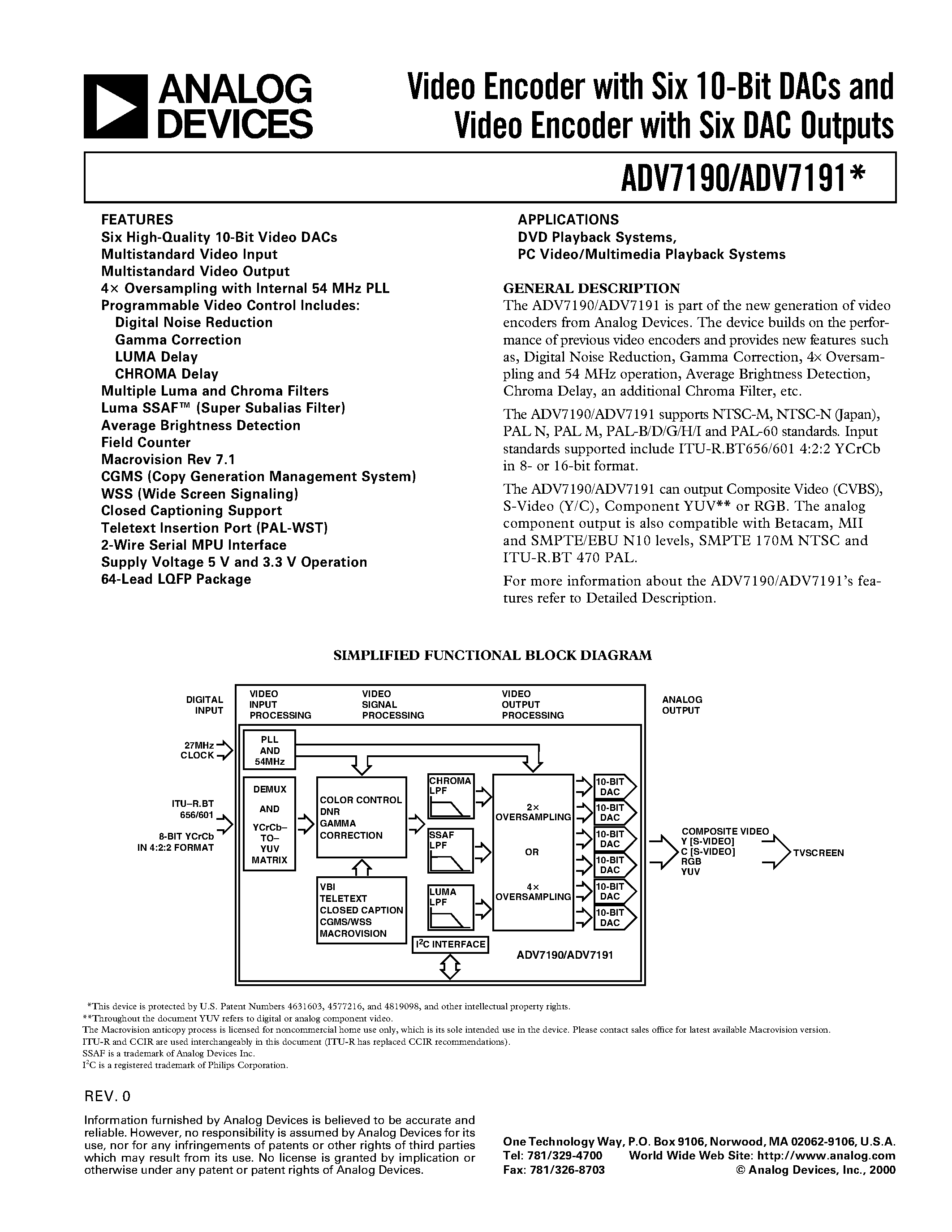 Даташит ADV7191KST - Video Encoder with Six 10-Bit DACs and Video Encoder with Six DAC Outputs страница 1