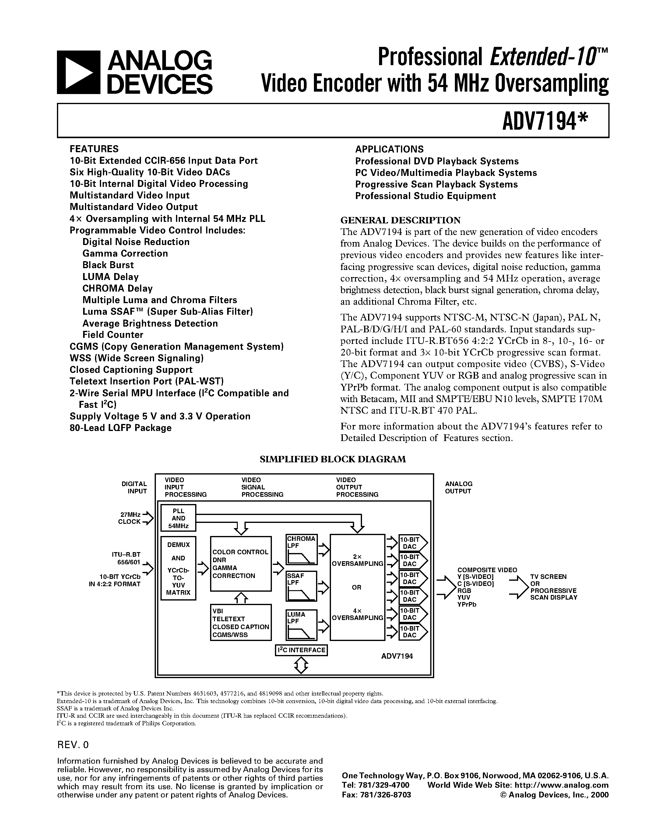 Даташит ADV7194 - Professional Extended-10 Video Encoder with 54 MHz Oversampling страница 1