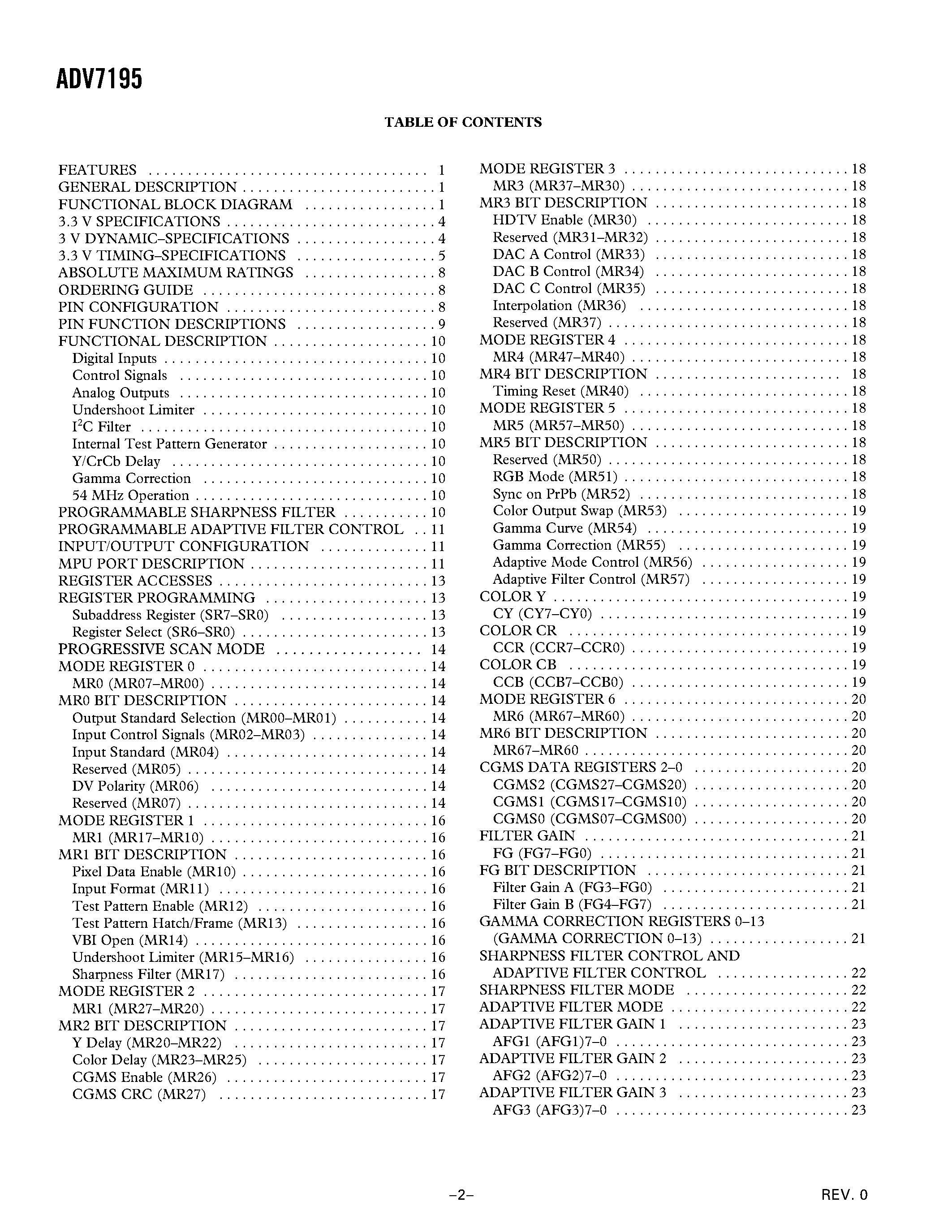Даташит ADV7195 - Multiformat Progressive Scan/HDTV Encoder with Three 11-Bit DACs and 10-Bit Data Input страница 2