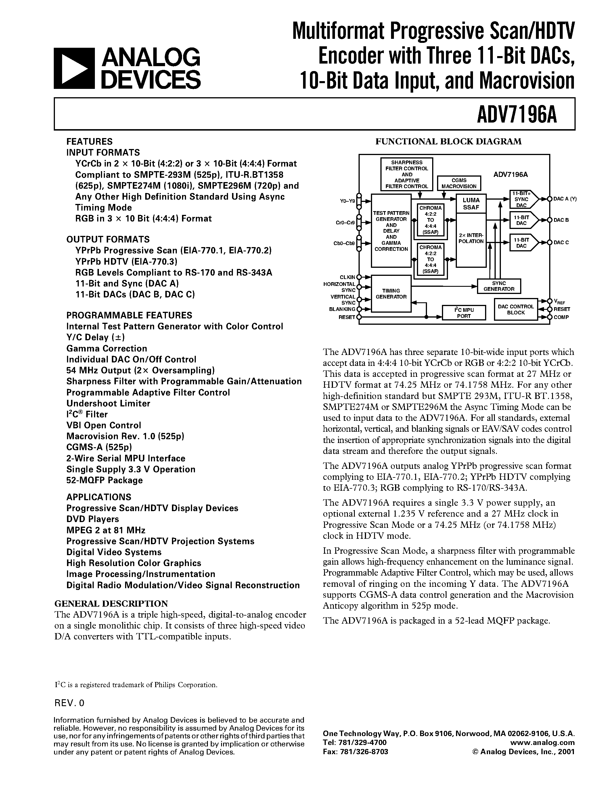 Datasheet ADV7196AKS - Multiformat Progressive Scan/HDTV Encoder with Three 11-Bit DACs/ 10-Bit Data Input/ and Macrovision page 1