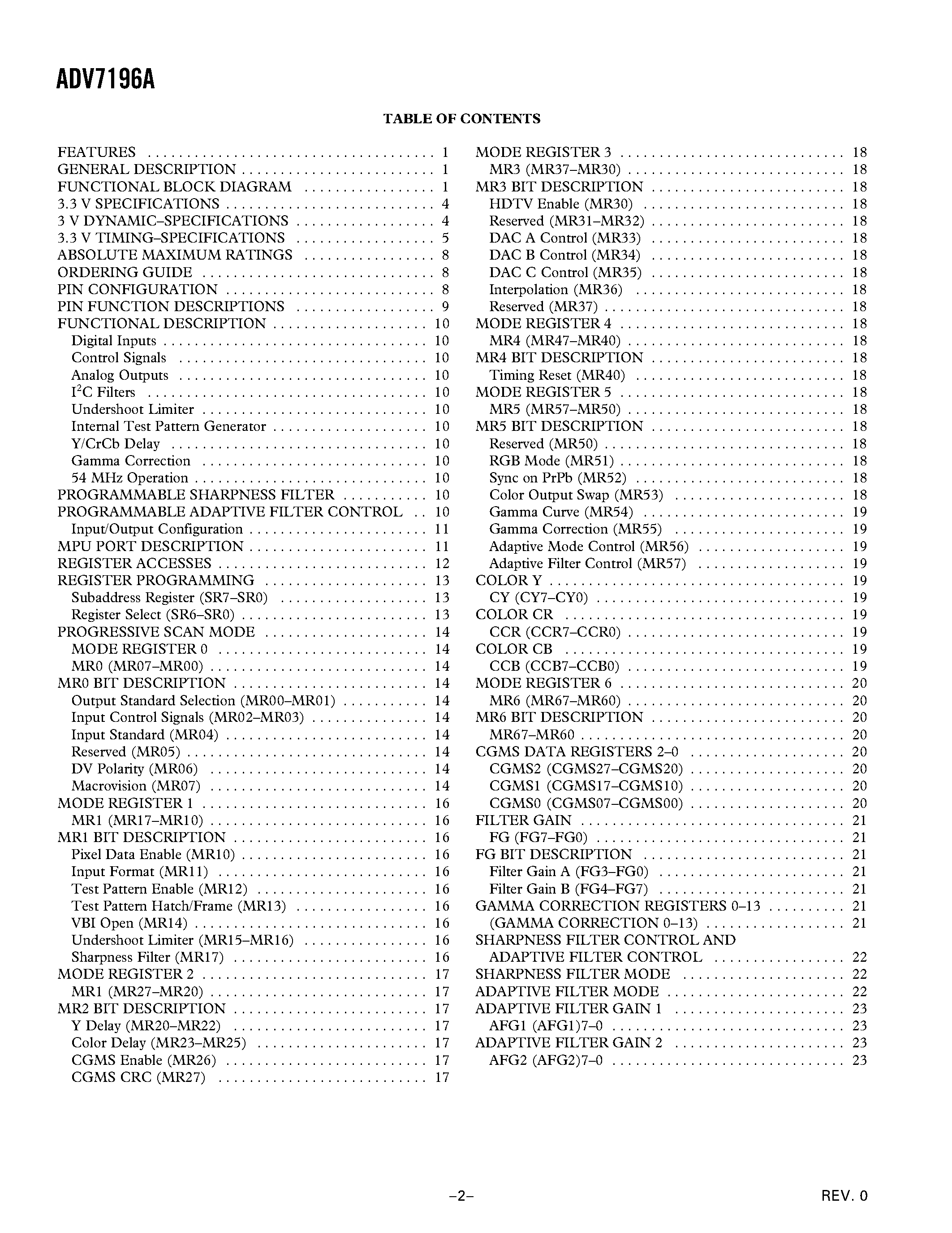 Datasheet ADV7196AKS - Multiformat Progressive Scan/HDTV Encoder with Three 11-Bit DACs/ 10-Bit Data Input/ and Macrovision page 2