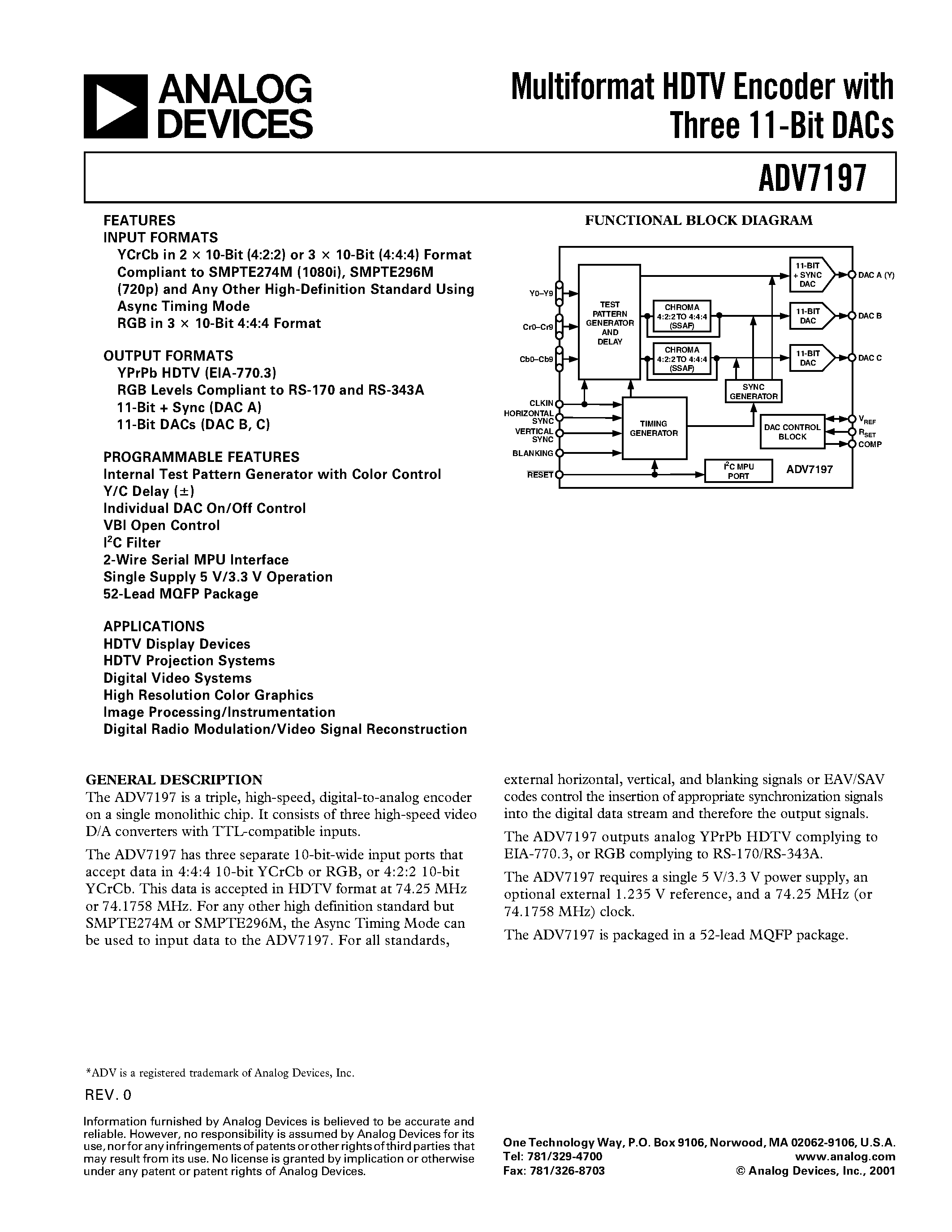 Даташит ADV7197 - Multiformat HDTV Encoder with Three 11-Bit DACs страница 1