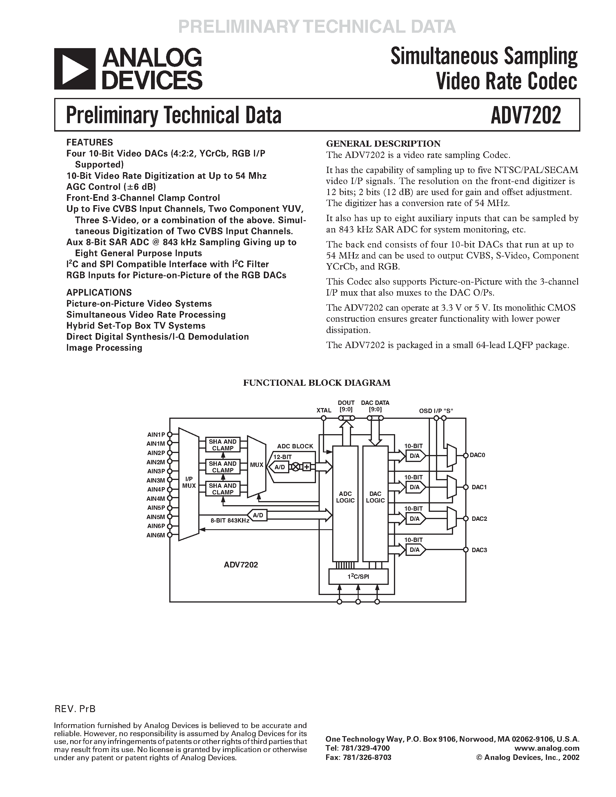 Даташит ADV7202 - Simultaneous Sampling Video Rate Codec страница 1