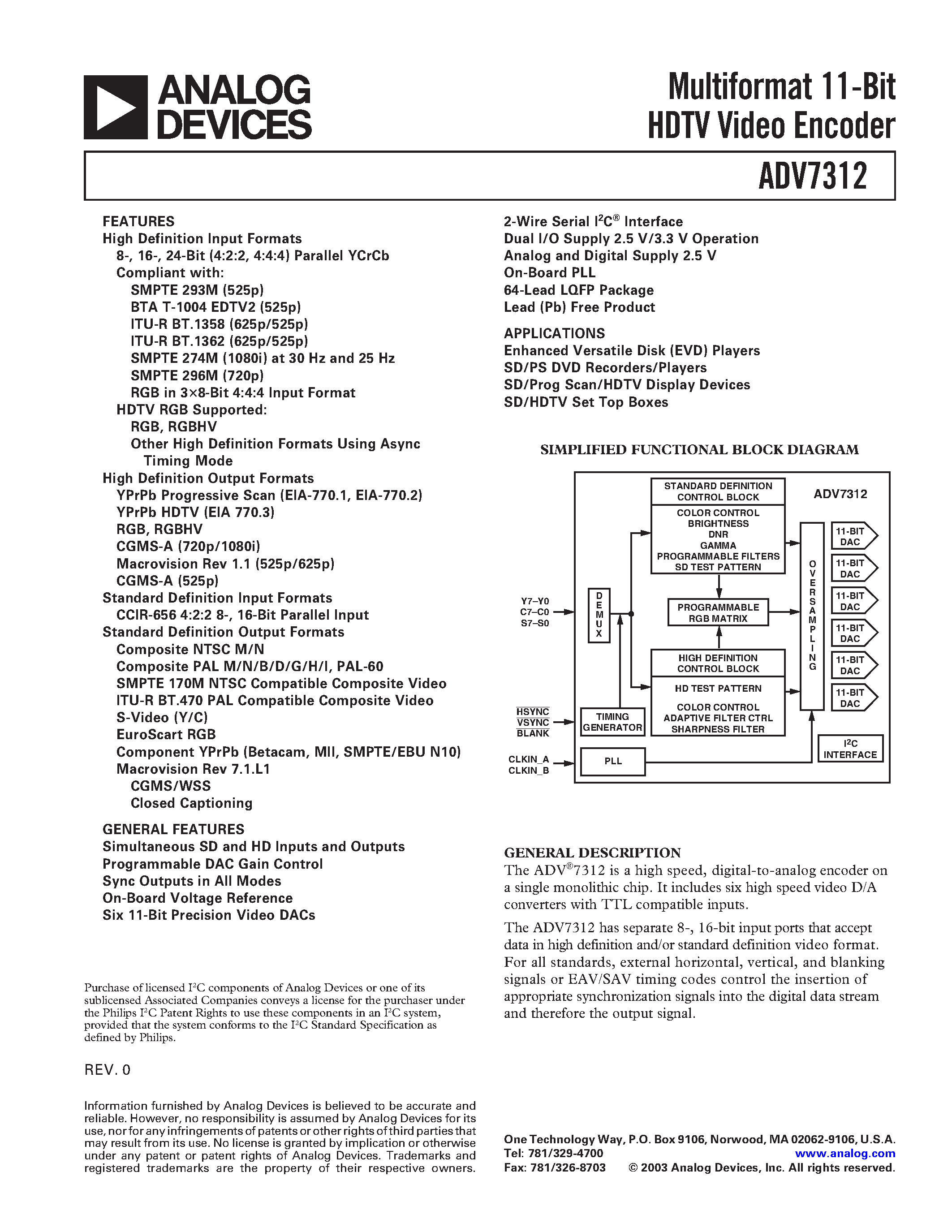 Даташит ADV7312 - Multiformat 11-Bit HDTV Video Encoder страница 1